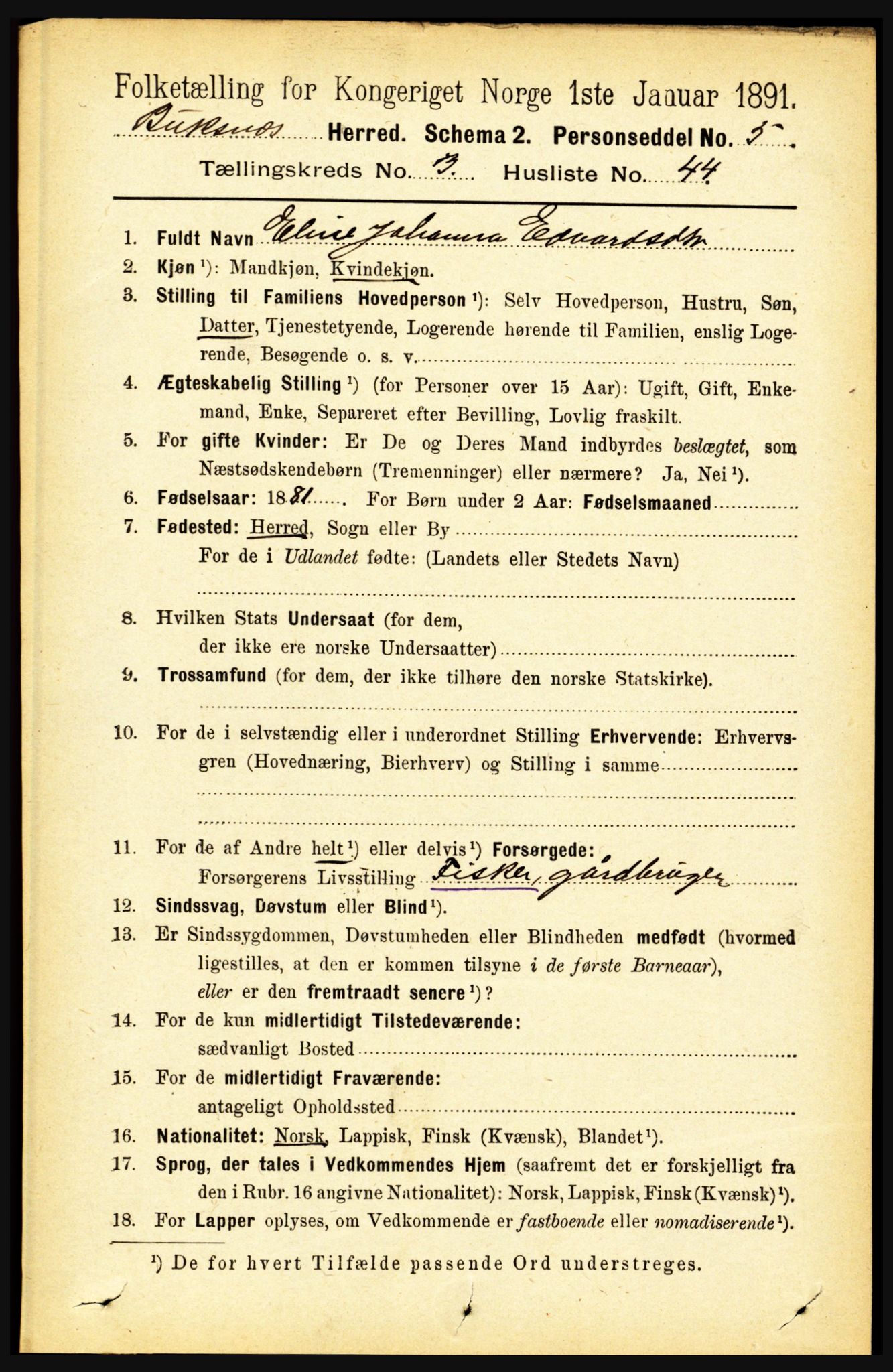 RA, 1891 census for 1860 Buksnes, 1891, p. 2482