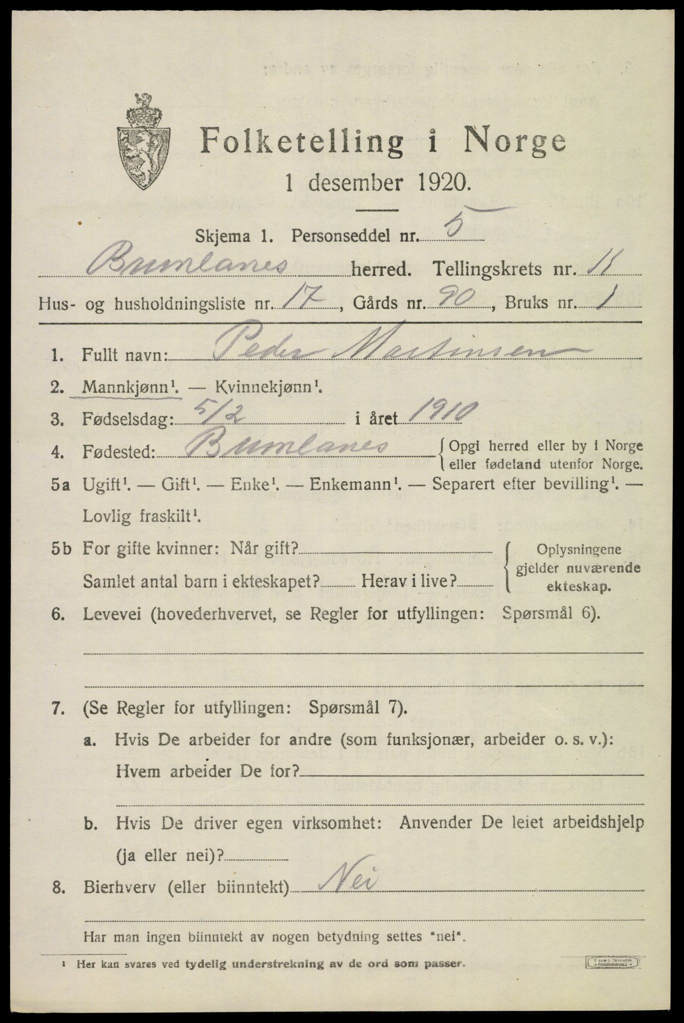 SAKO, 1920 census for Brunlanes, 1920, p. 9725