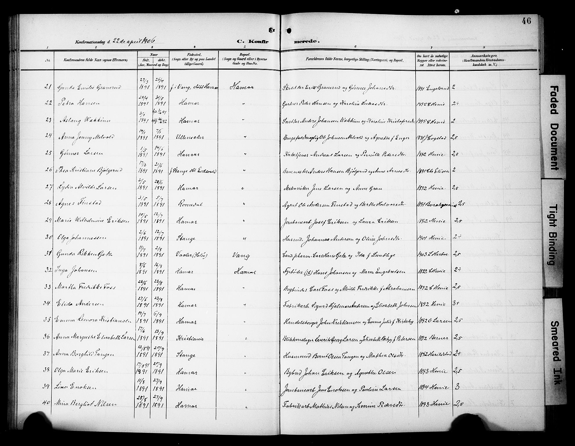 Hamar prestekontor, SAH/DOMPH-002/H/Ha/Hab/L0002: Parish register (copy) no. 2, 1899-1929, p. 46