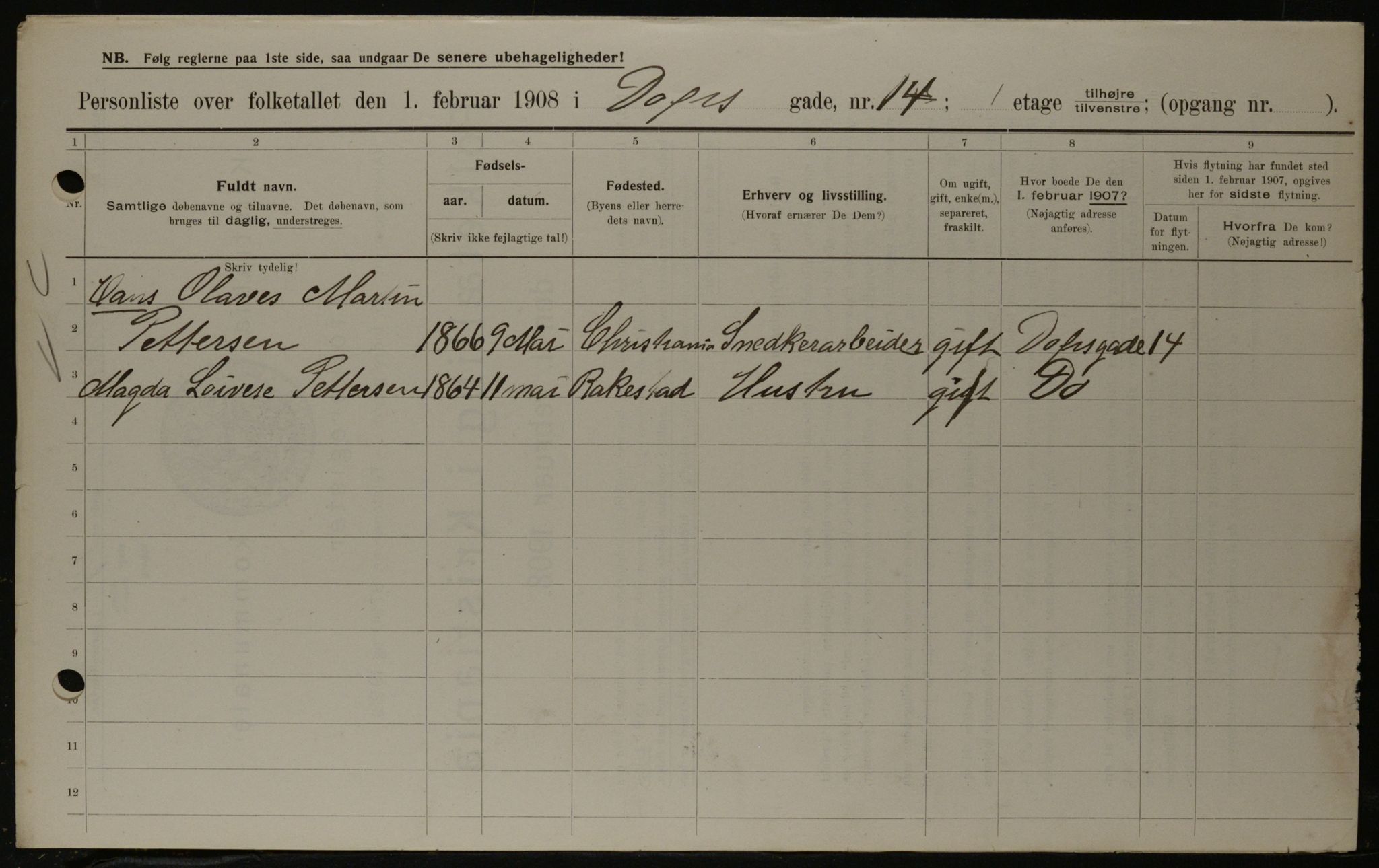 OBA, Municipal Census 1908 for Kristiania, 1908, p. 14919