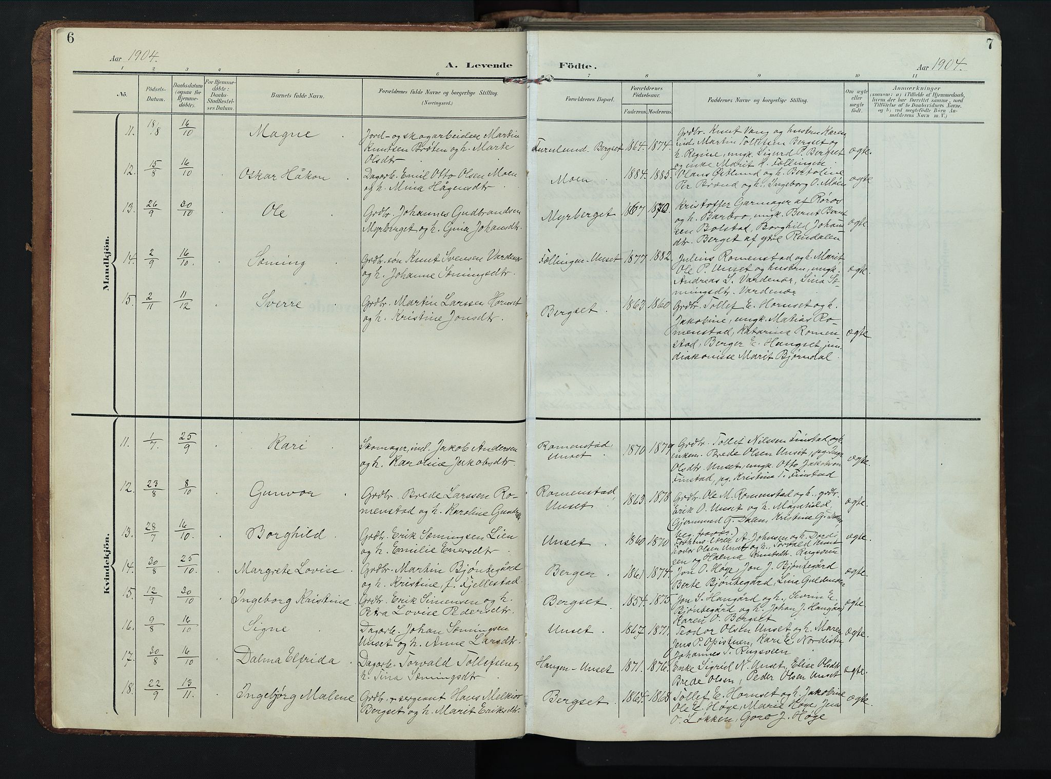 Rendalen prestekontor, SAH/PREST-054/H/Ha/Hab/L0004: Parish register (copy) no. 4, 1904-1946, p. 6-7