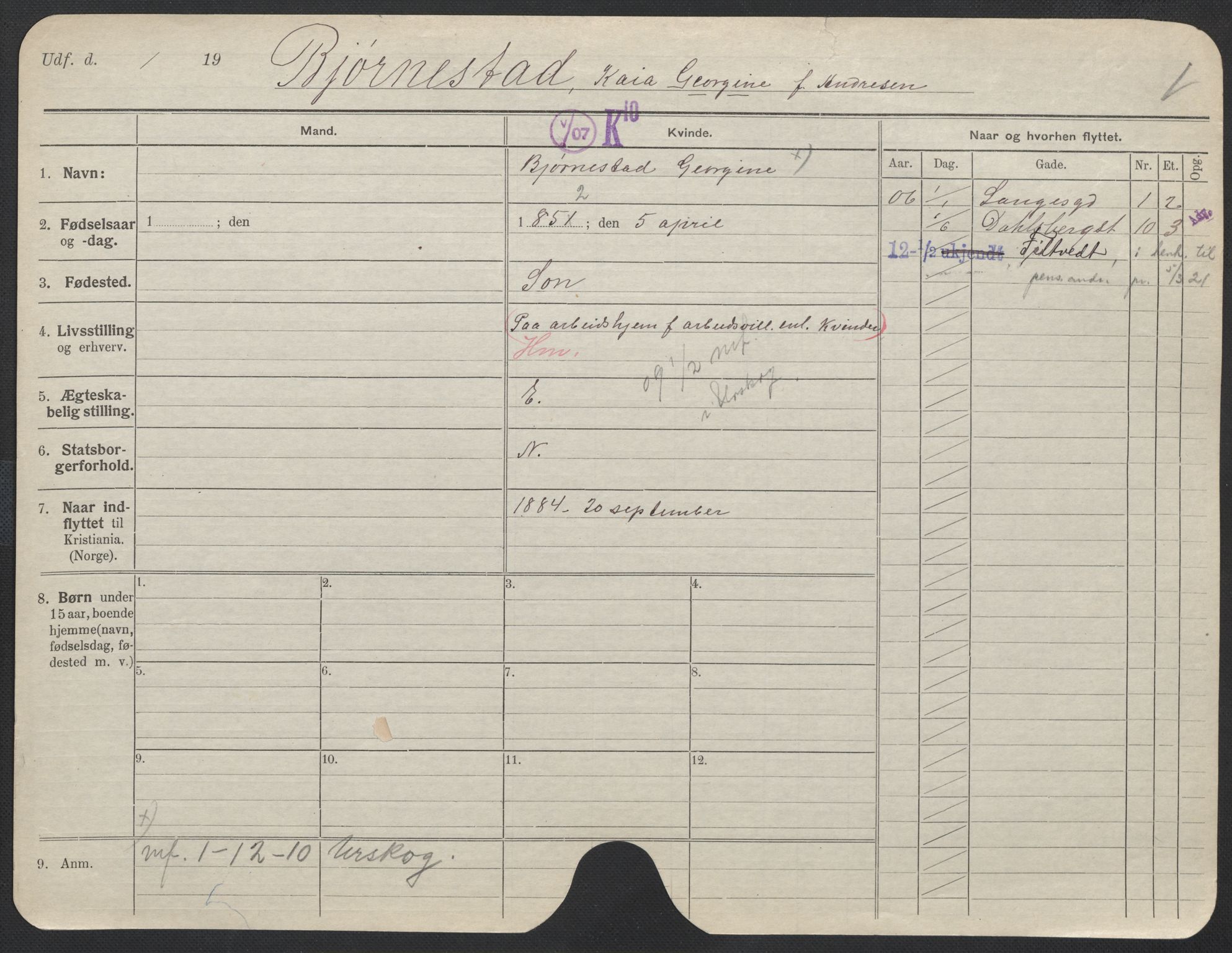 Oslo folkeregister, Registerkort, SAO/A-11715/F/Fa/Fac/L0013: Kvinner, 1906-1914, p. 501a