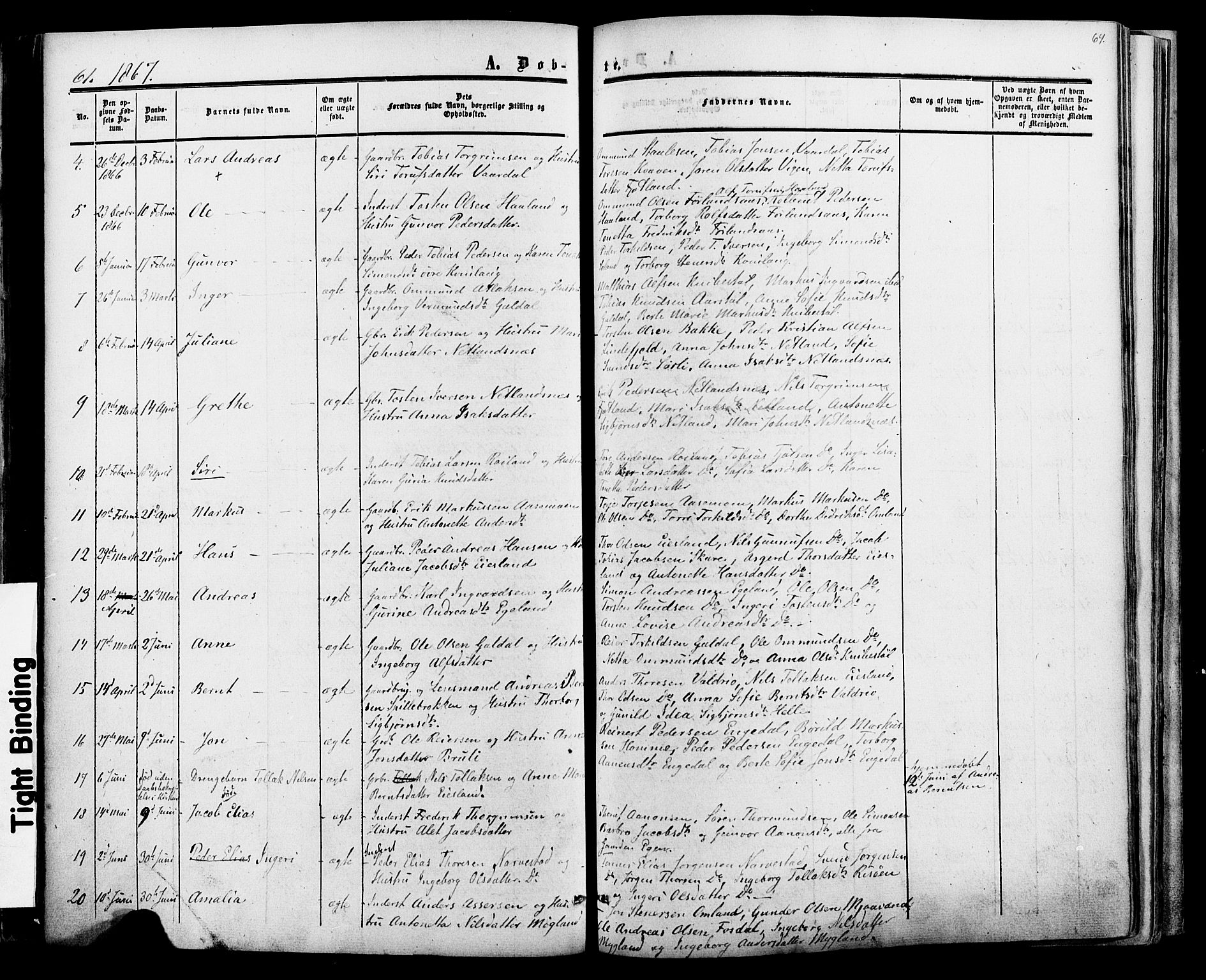Fjotland sokneprestkontor, SAK/1111-0010/F/Fa/L0001: Parish register (official) no. A 1, 1850-1879, p. 64
