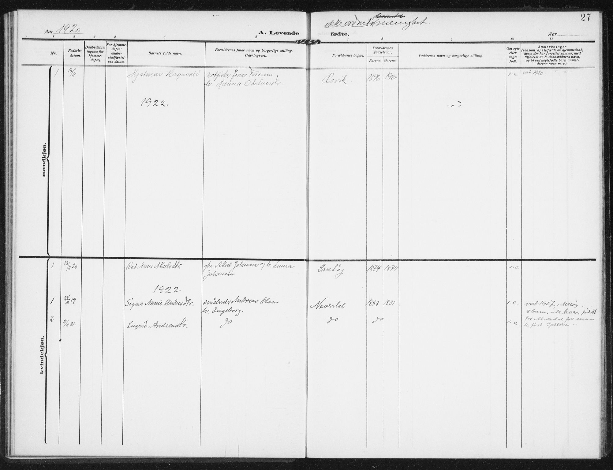 Ministerialprotokoller, klokkerbøker og fødselsregistre - Nordland, SAT/A-1459/843/L0629: Parish register (official) no. 843A04, 1907-1925, p. 27