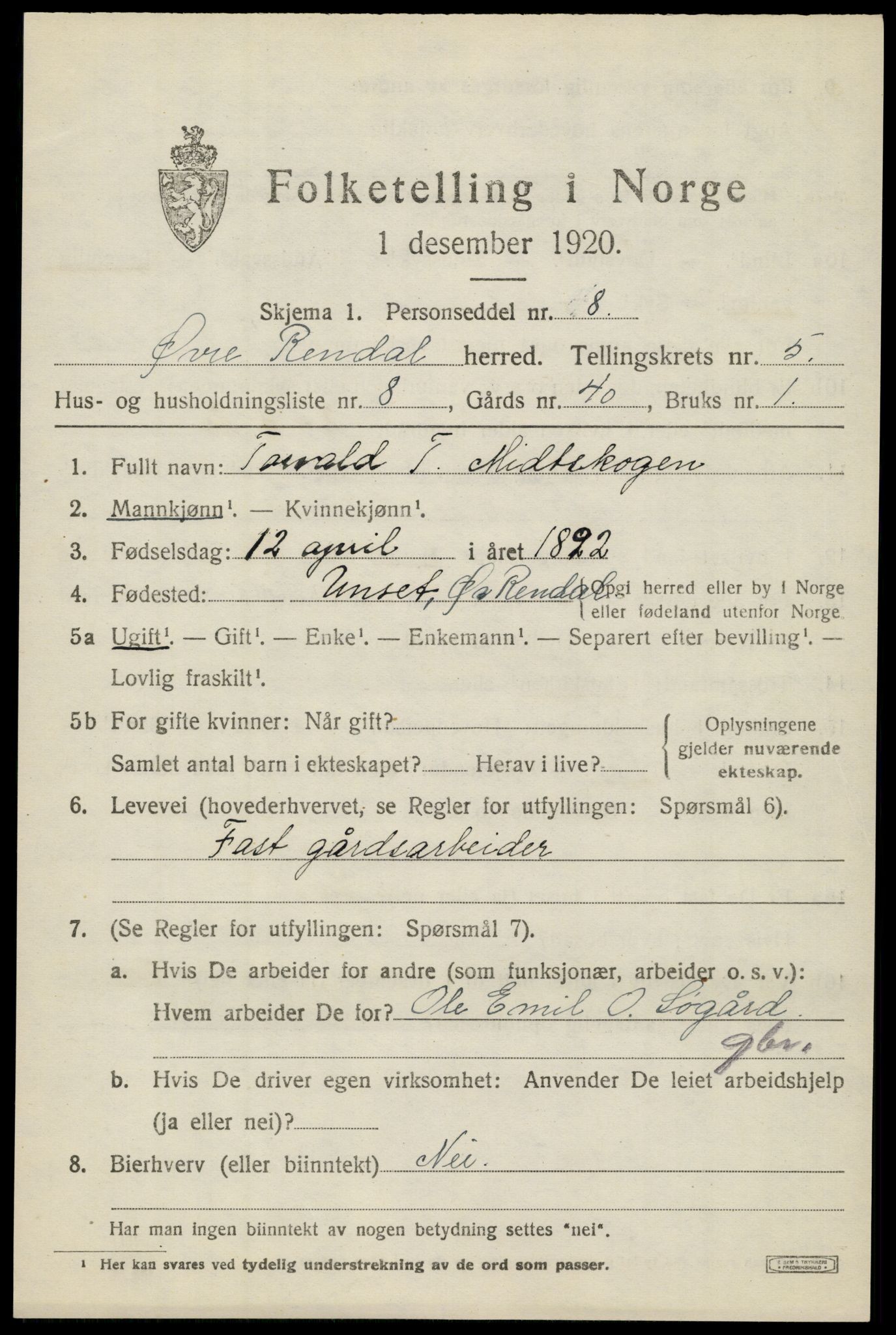 SAH, 1920 census for Øvre Rendal, 1920, p. 2141