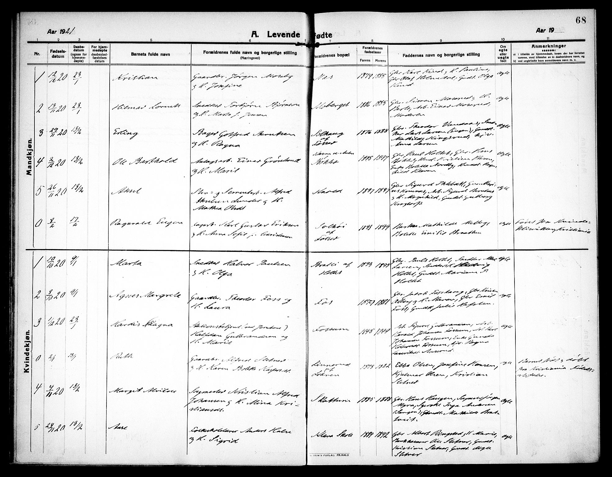 Høland prestekontor Kirkebøker, SAO/A-10346a/F/Fa/L0016: Parish register (official) no. I 16, 1912-1921, p. 68