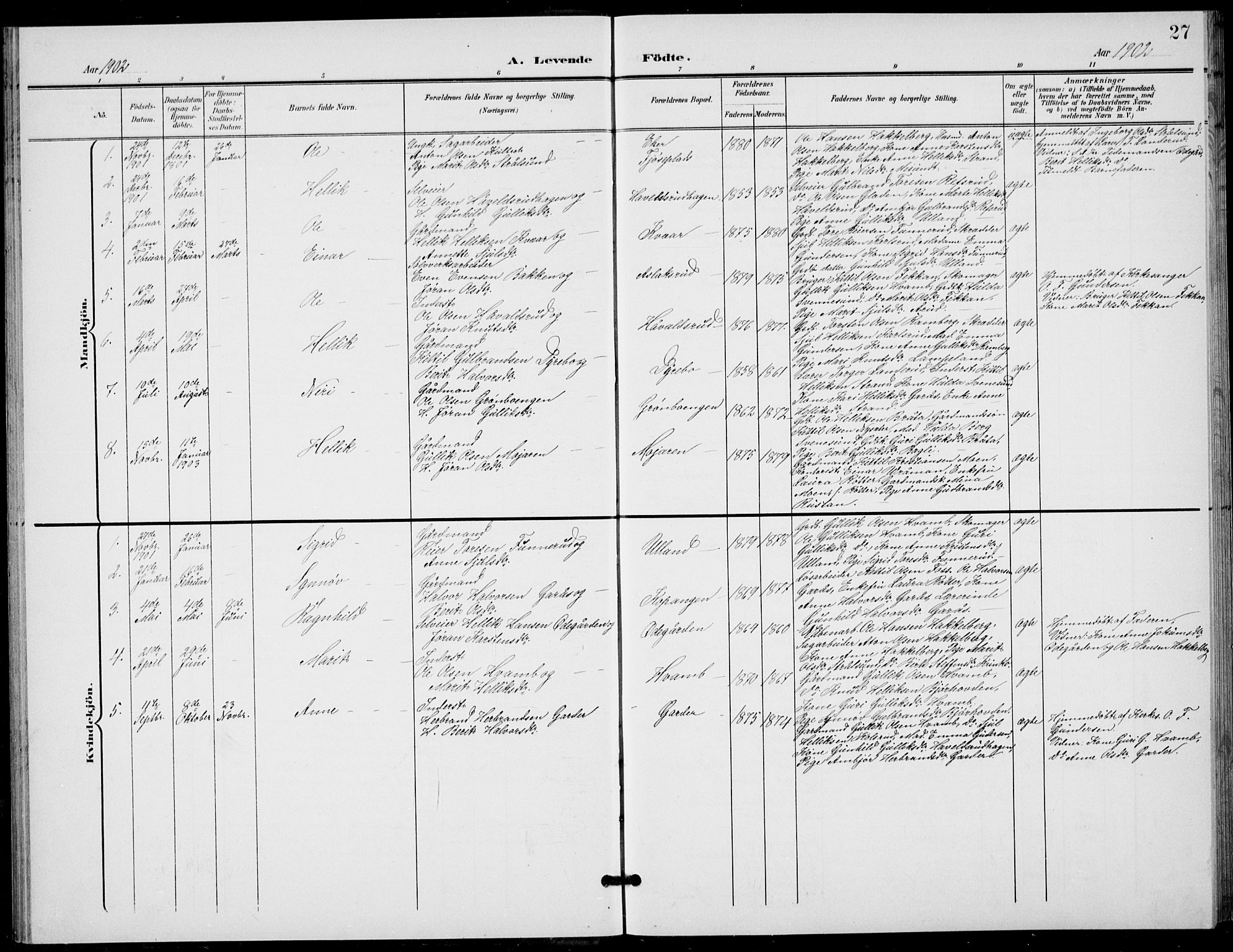 Flesberg kirkebøker, AV/SAKO-A-18/G/Ga/L0005: Parish register (copy) no. I 5, 1899-1908, p. 27