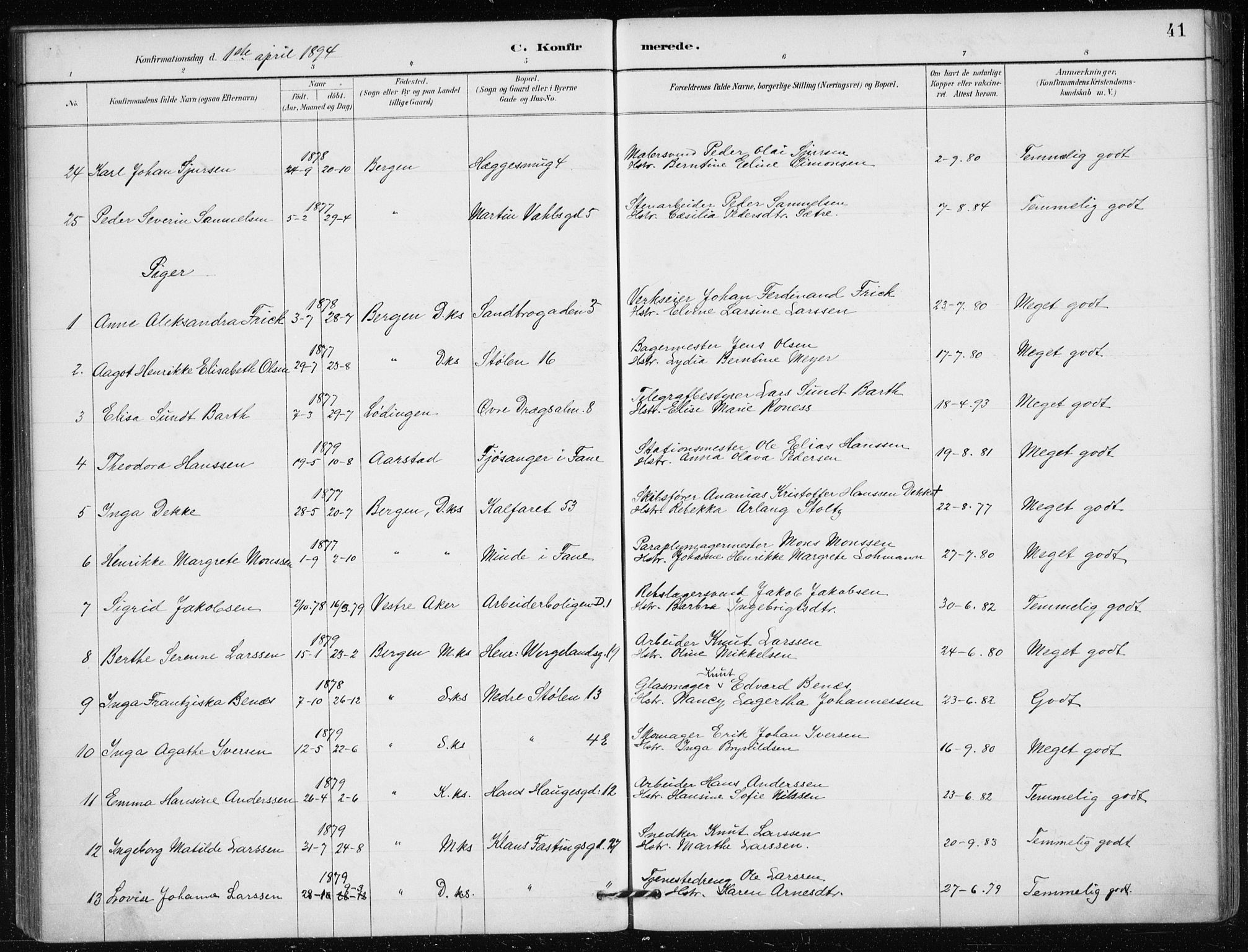 Mariakirken Sokneprestembete, AV/SAB-A-76901/H/Haa/L0013: Parish register (official) no. C 1, 1889-1900, p. 41