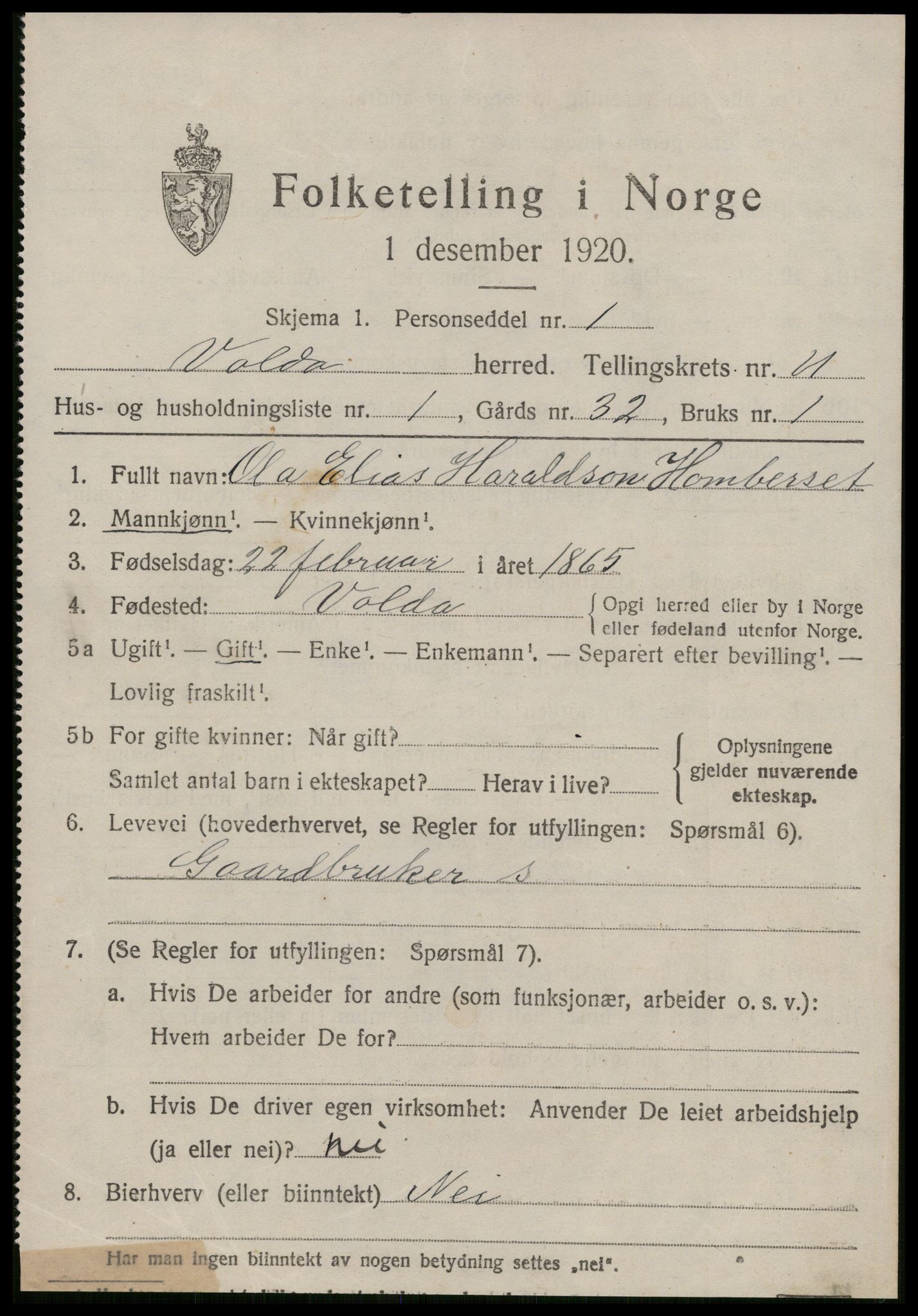 SAT, 1920 census for Volda, 1920, p. 7920