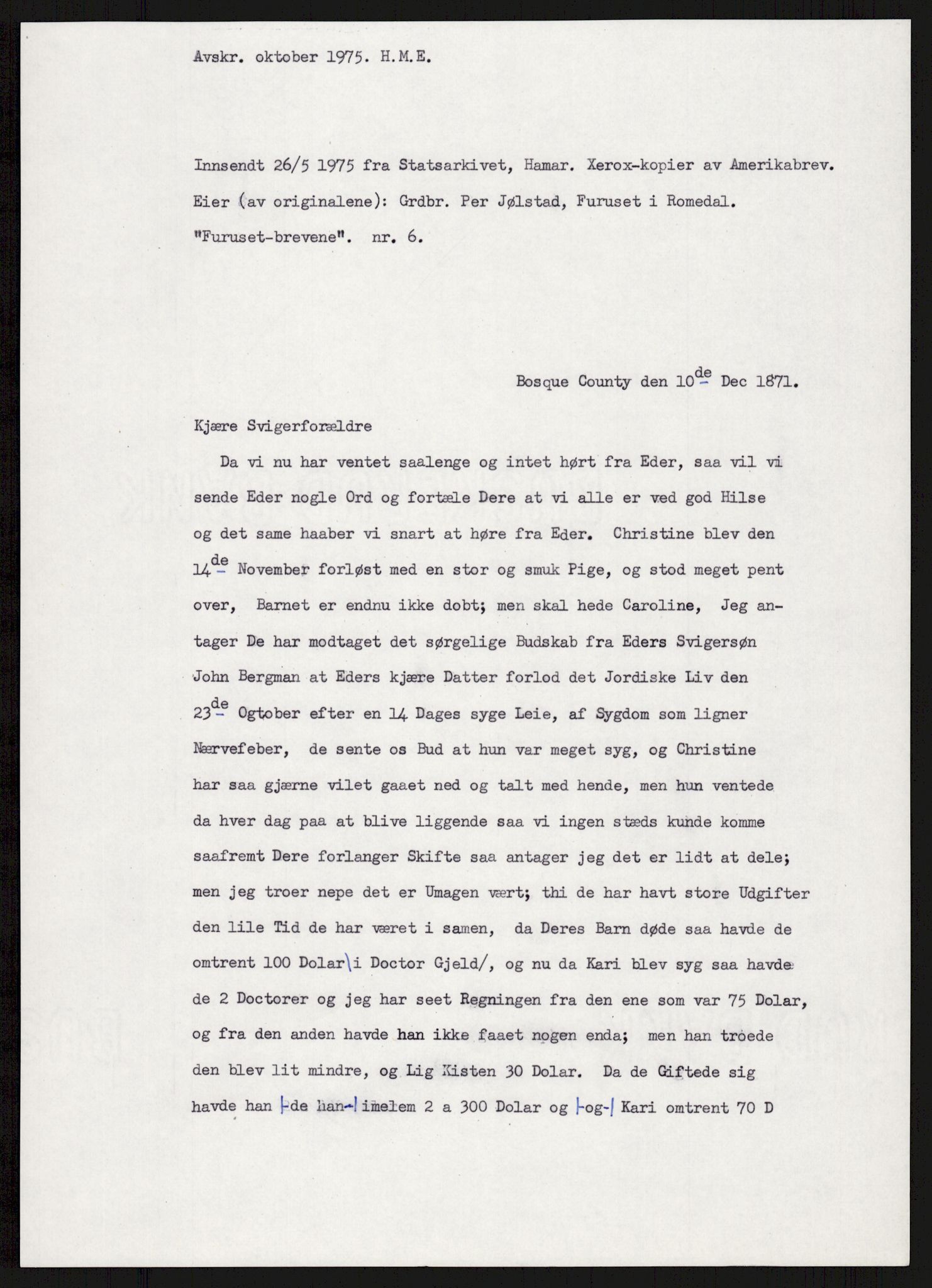 Samlinger til kildeutgivelse, Amerikabrevene, AV/RA-EA-4057/F/L0007: Innlån fra Hedmark: Berg - Furusetbrevene, 1838-1914, p. 503