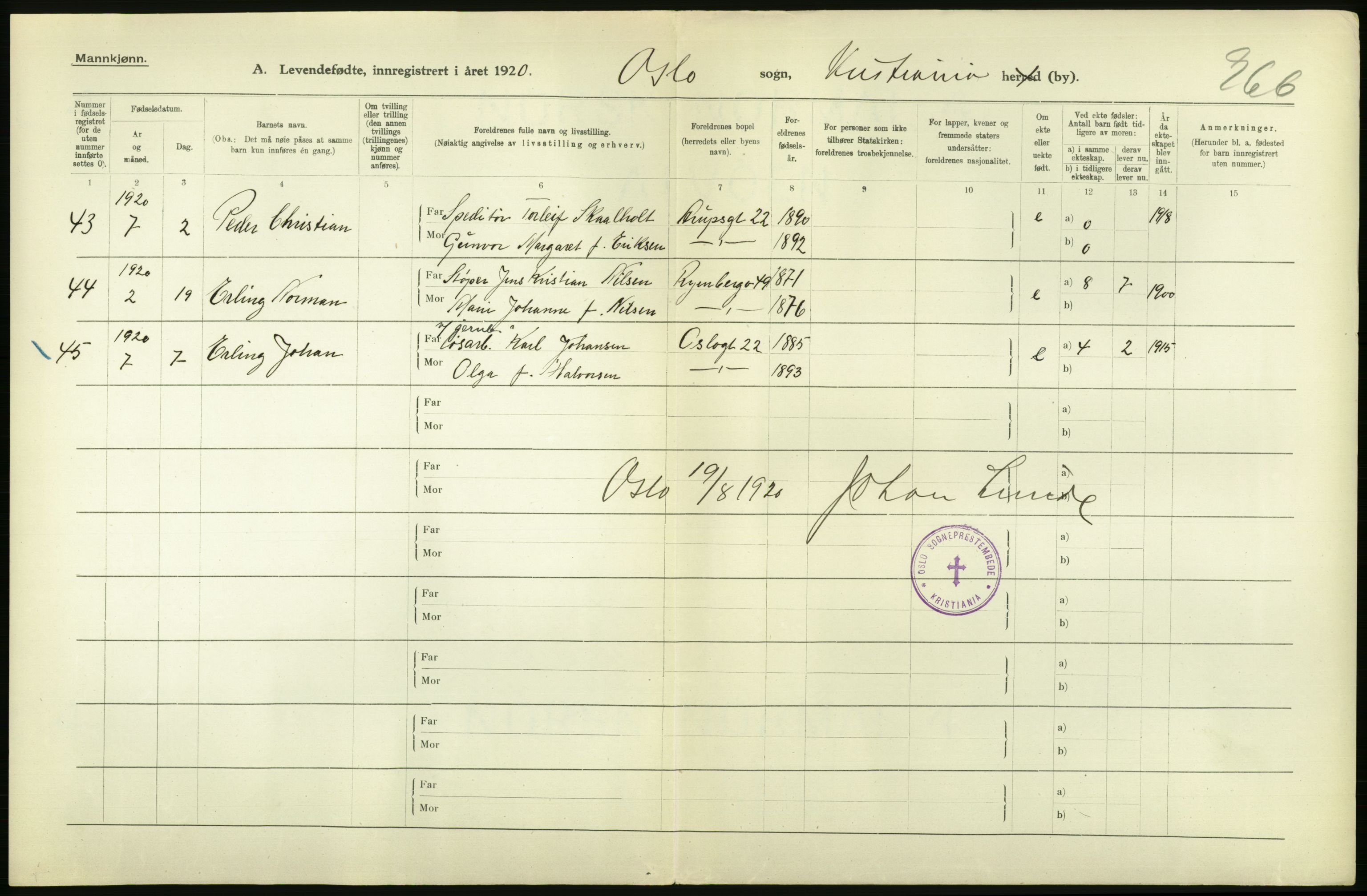 Statistisk sentralbyrå, Sosiodemografiske emner, Befolkning, AV/RA-S-2228/D/Df/Dfb/Dfbj/L0008: Kristiania: Levendefødte menn og kvinner., 1920, p. 14