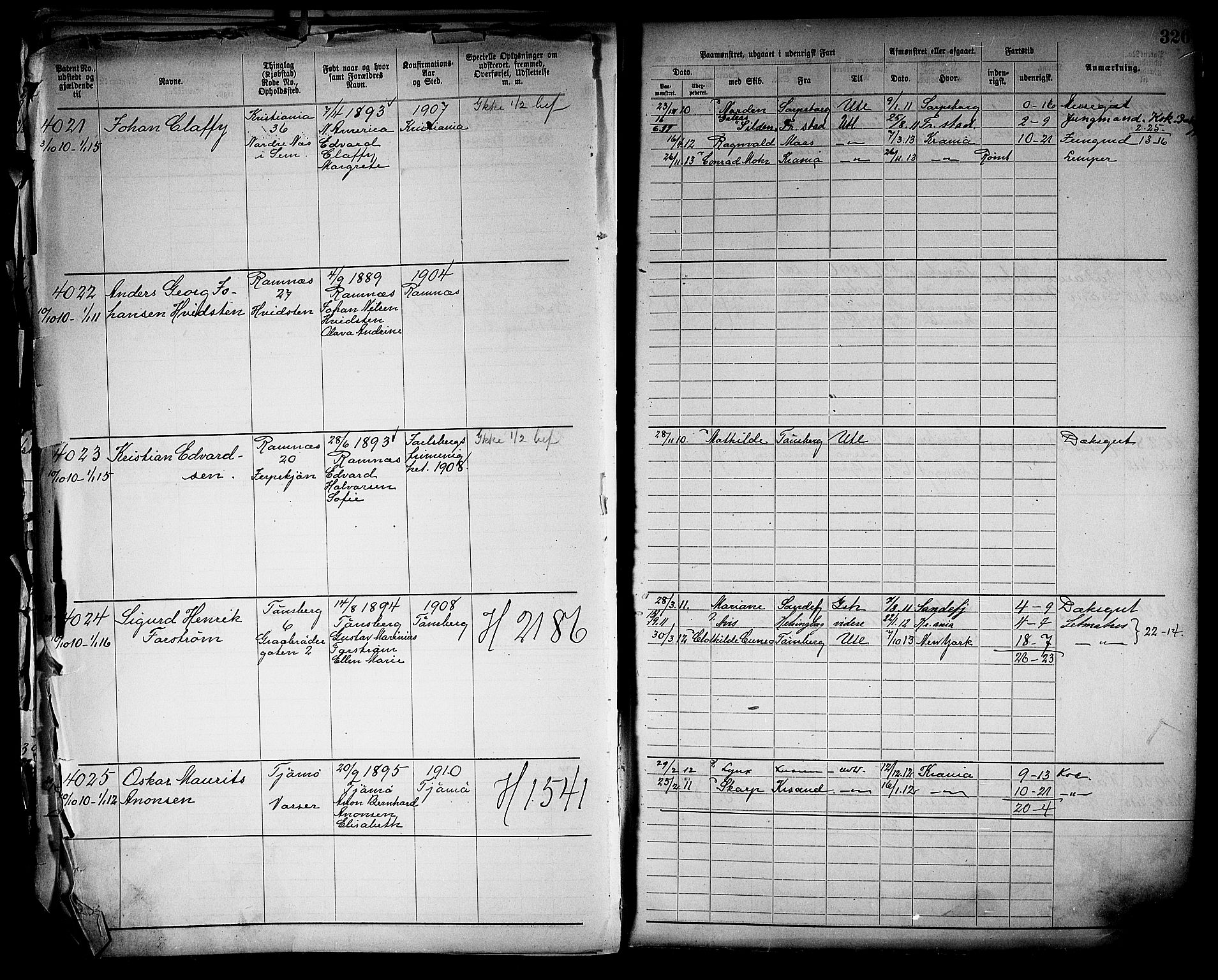 Tønsberg innrulleringskontor, SAKO/A-786/F/Fb/L0005: Annotasjonsrulle Patent nr. 2401-4080, 1904-1910, p. 327