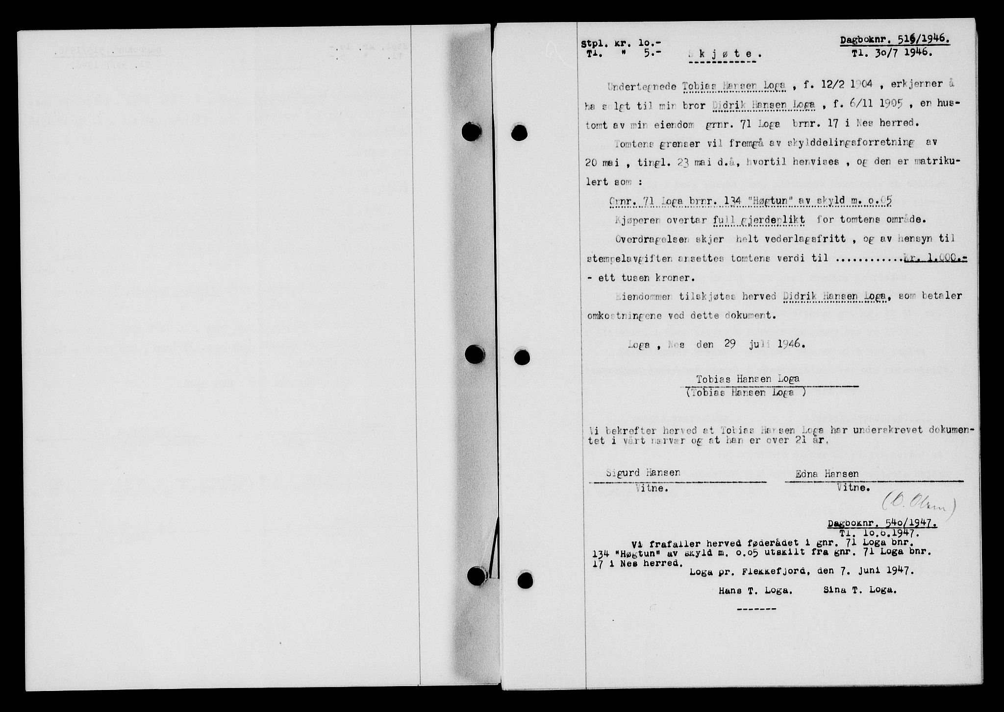 Flekkefjord sorenskriveri, AV/SAK-1221-0001/G/Gb/Gba/L0060: Mortgage book no. A-8, 1945-1946, Diary no: : 516/1946