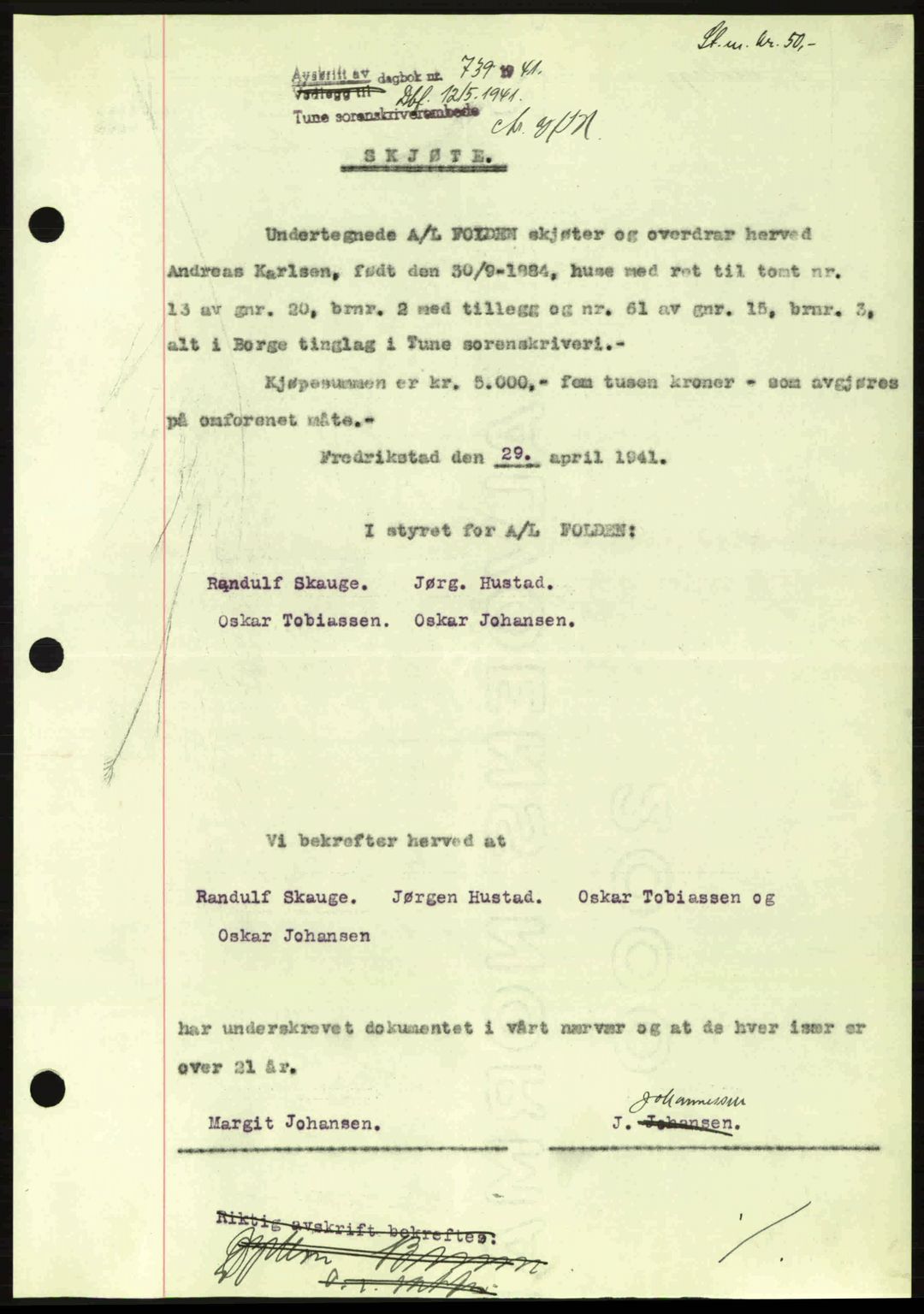 Tune sorenskriveri, AV/SAO-A-10470/G/Gb/Gbg/Gbga/L0001: Mortgage book no. A1-6, 1935-1941, Deed date: 12.05.1941