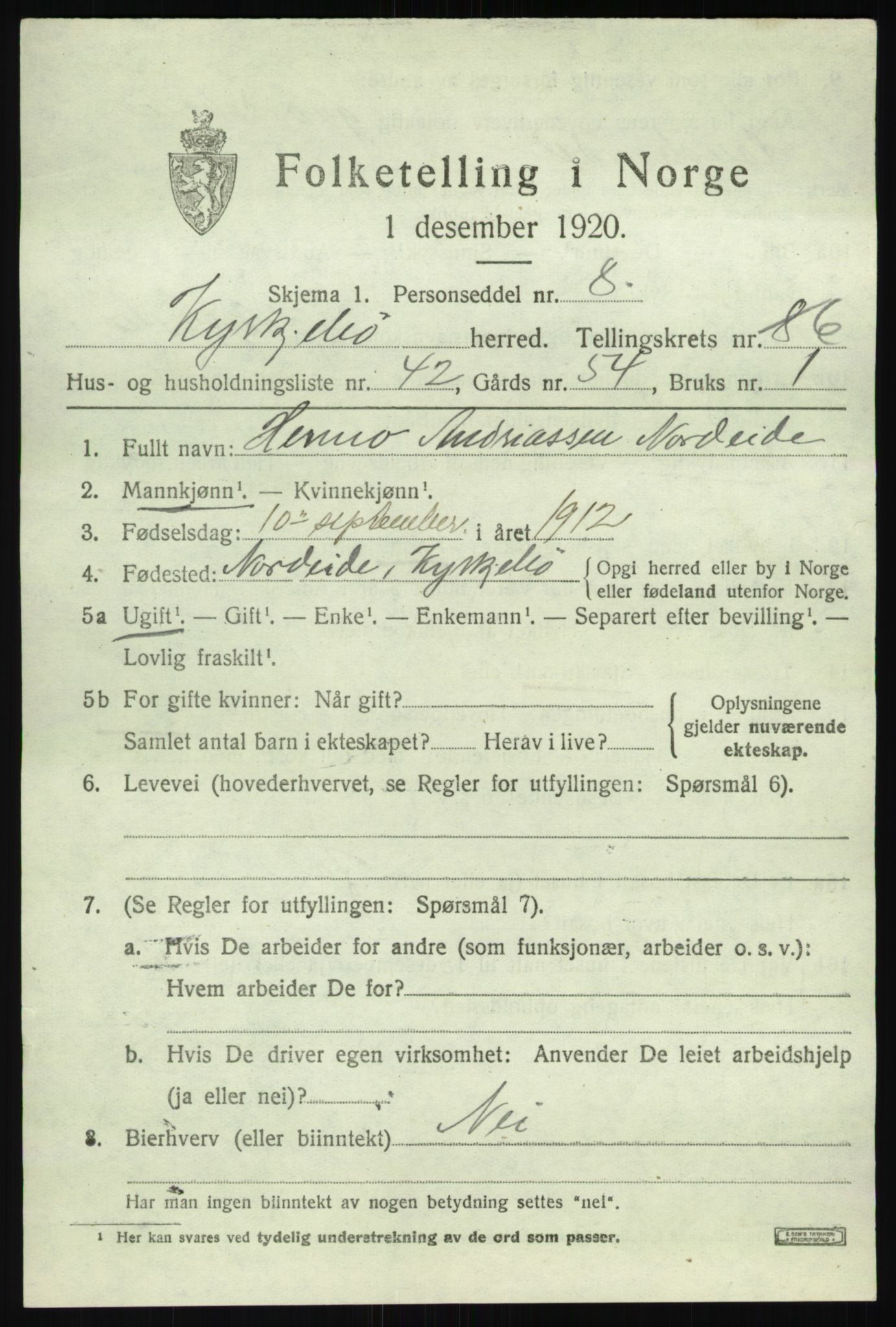 SAB, 1920 census for Kyrkjebø, 1920, p. 3449