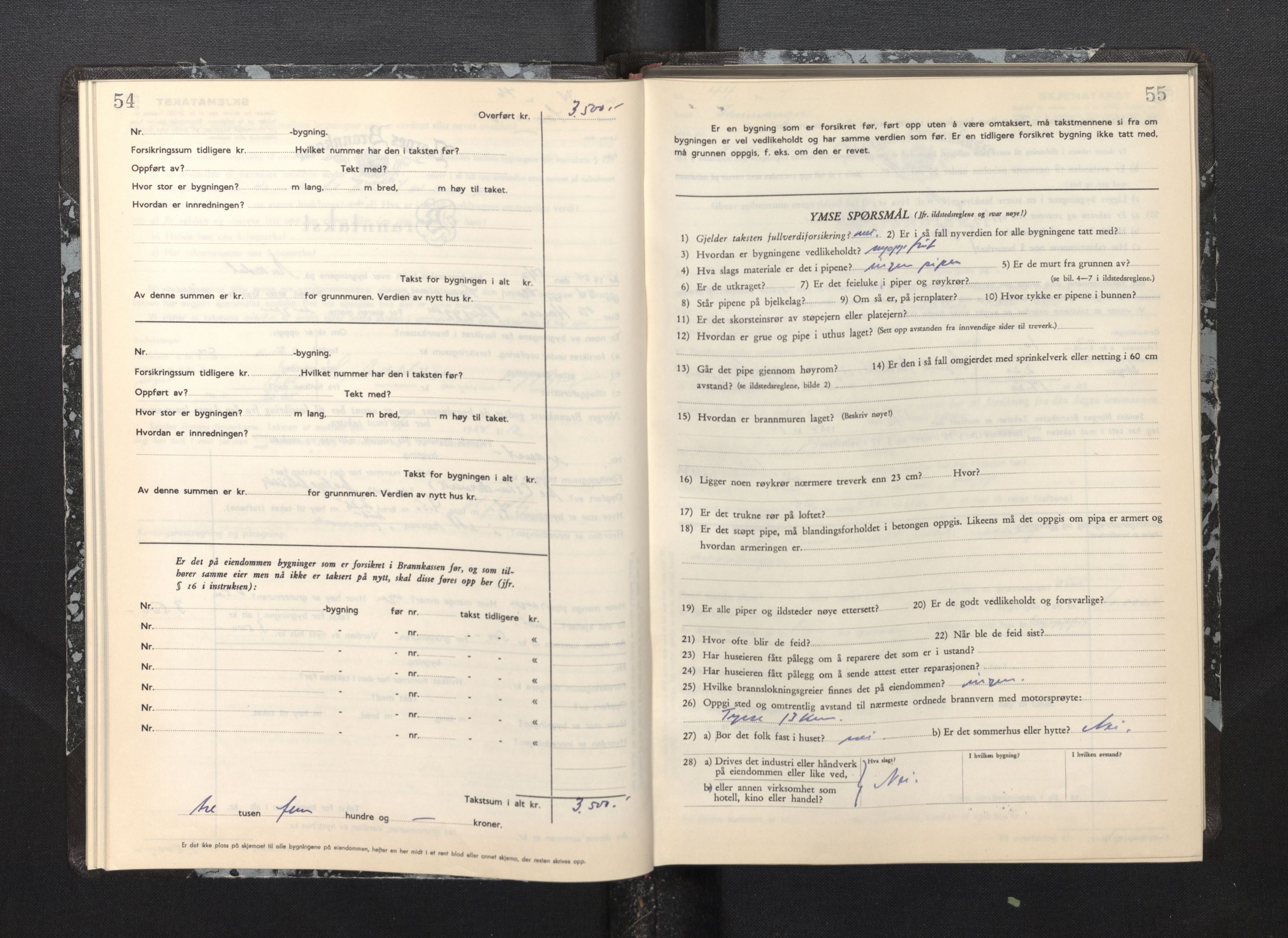 Lensmannen i Samnanger, AV/SAB-A-34601/0012/L0002: Branntakstprotokoll, skjematakst, 1951-1955, p. 54-55