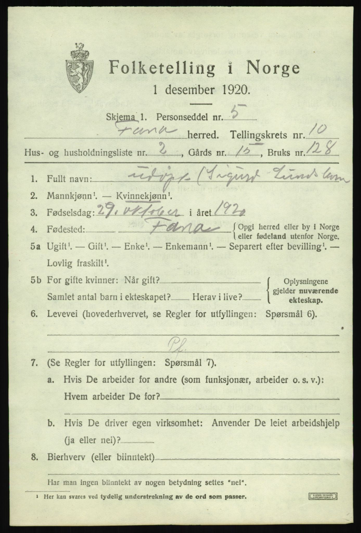 SAB, 1920 census for Fana, 1920, p. 16609