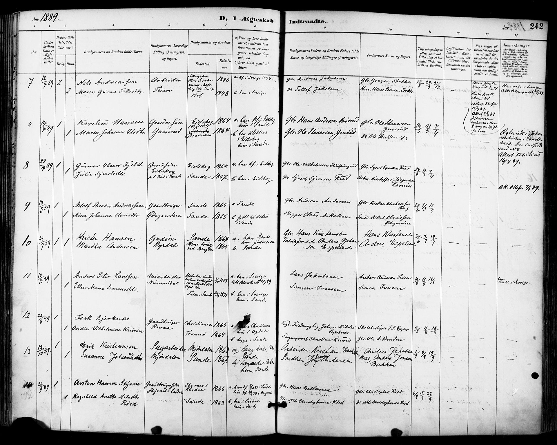 Sande Kirkebøker, SAKO/A-53/F/Fa/L0007: Parish register (official) no. 7, 1888-1903, p. 242