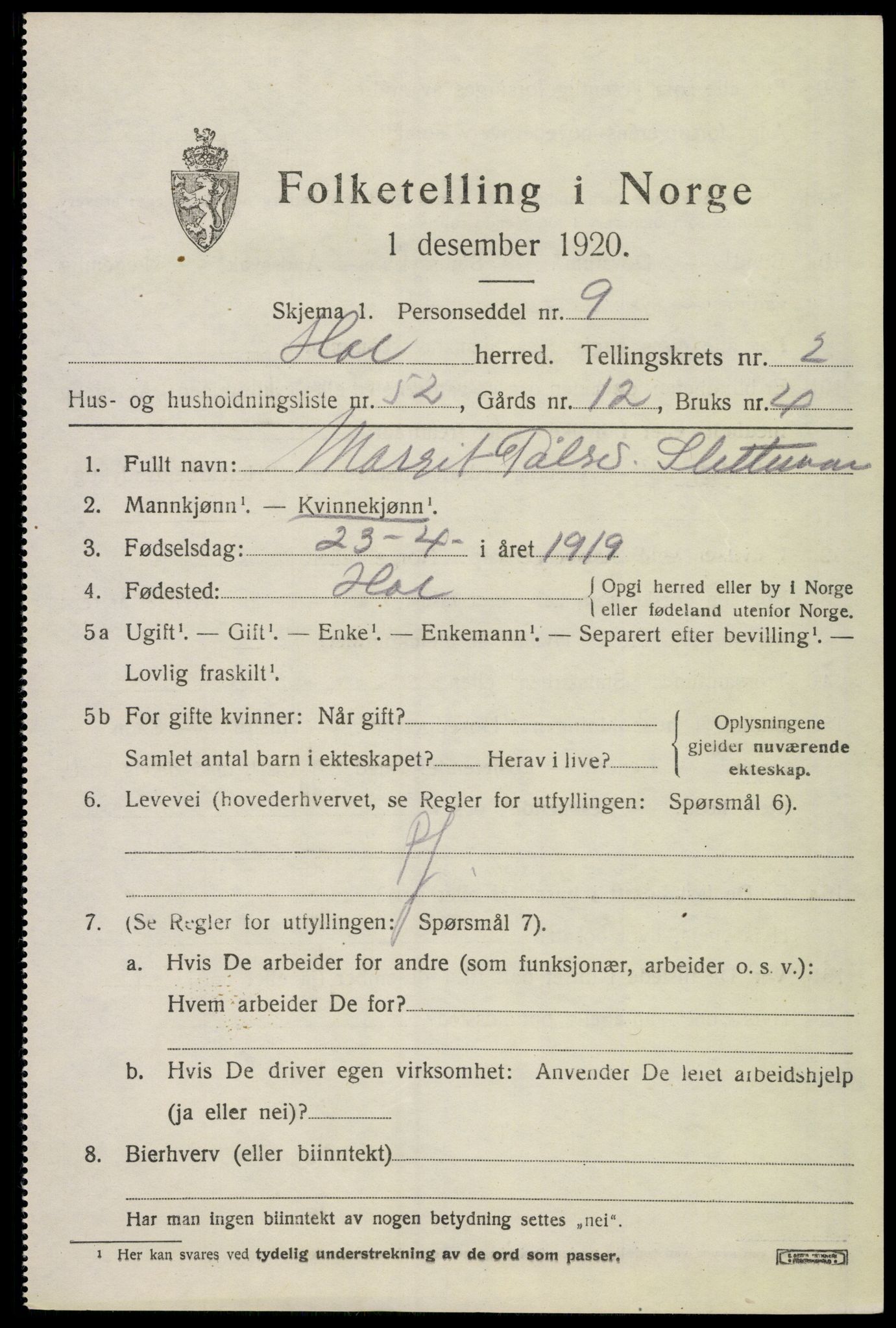 SAKO, 1920 census for Hol (Buskerud), 1920, p. 1851