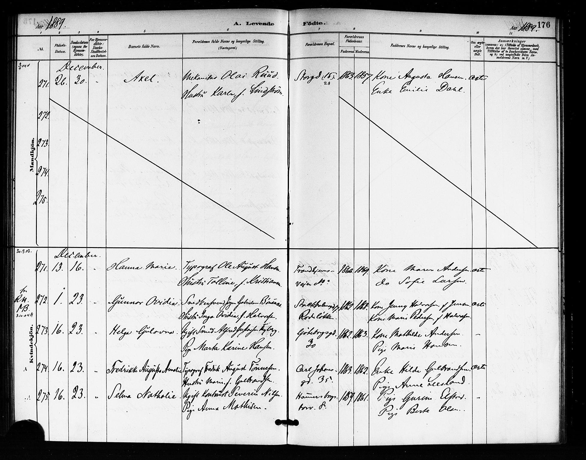 Rikshospitalet prestekontor Kirkebøker, AV/SAO-A-10309b/F/L0007: Parish register (official) no. 7, 1885-1890, p. 176