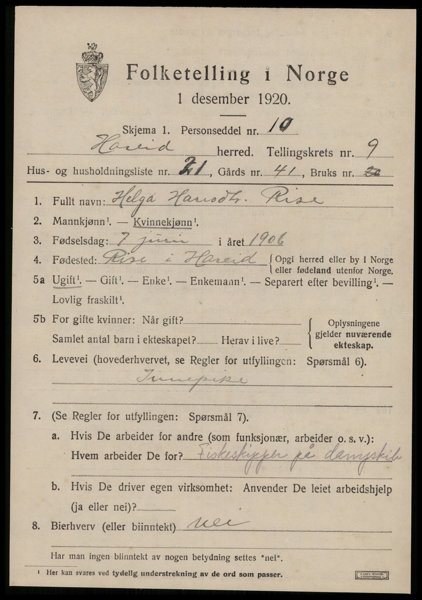 SAT, 1920 census for Hareid, 1920, p. 3517