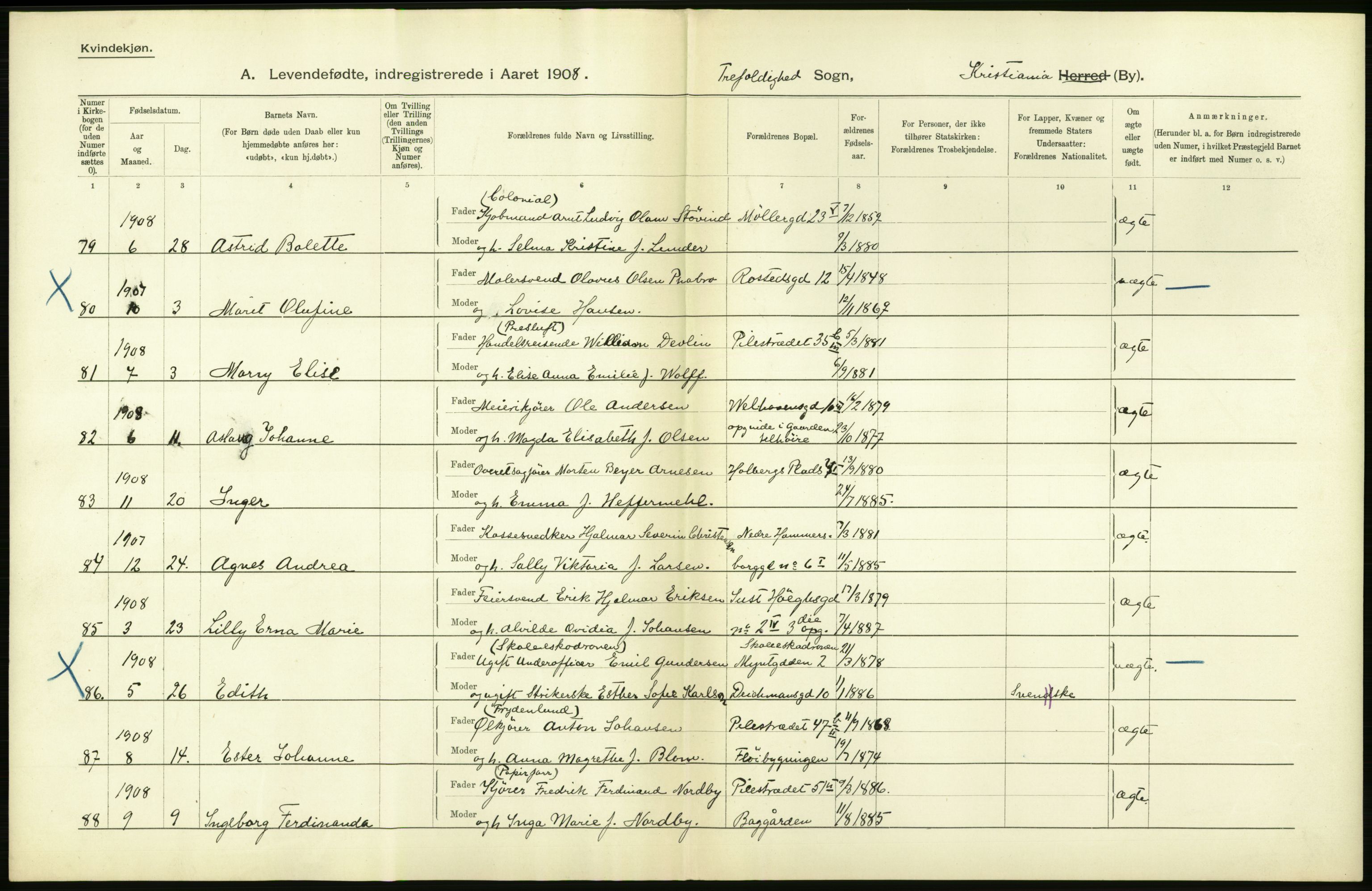 Statistisk sentralbyrå, Sosiodemografiske emner, Befolkning, AV/RA-S-2228/D/Df/Dfa/Dfaf/L0005: Kristiania: Levendefødte menn og kvinner., 1908, p. 416
