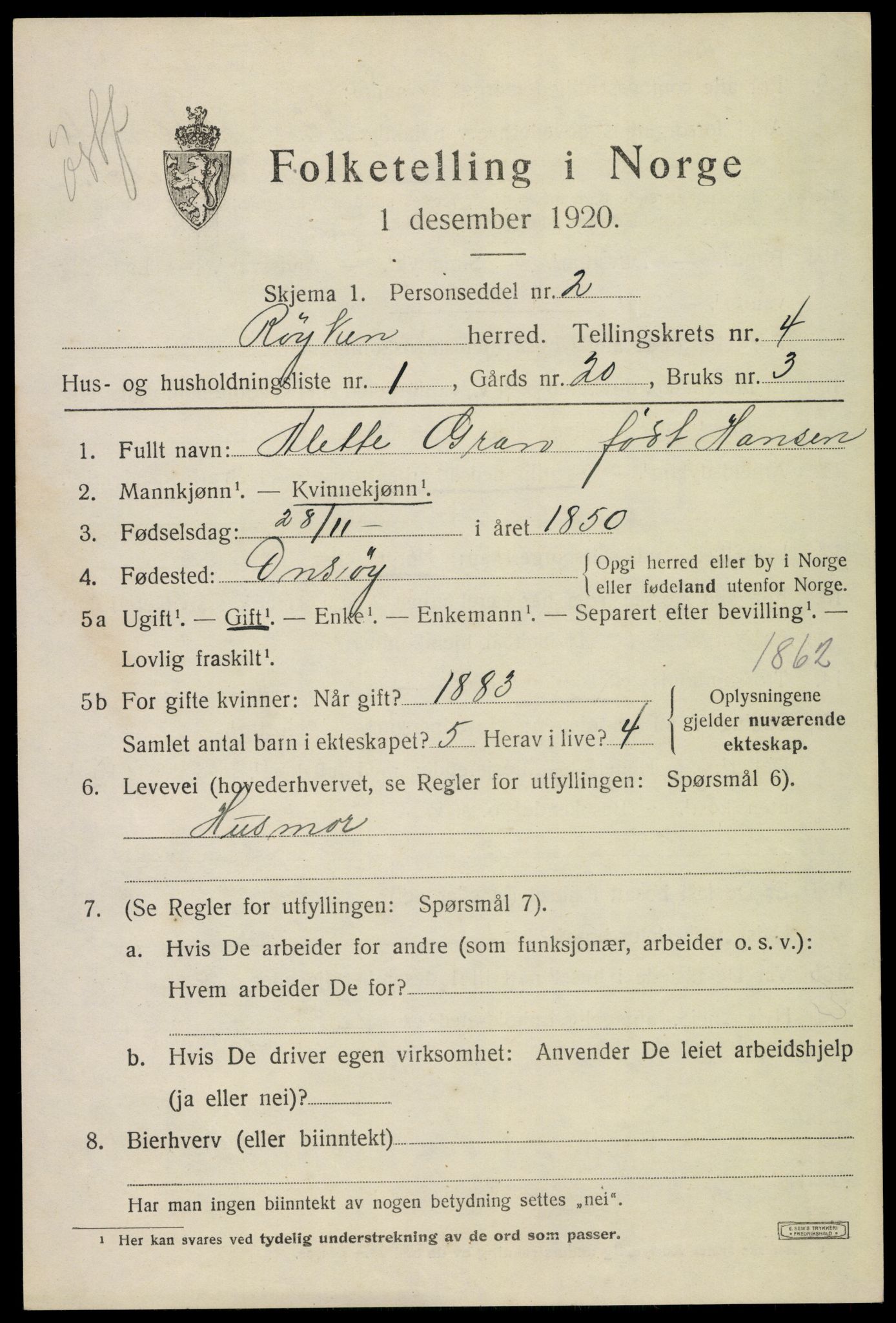 SAKO, 1920 census for Røyken, 1920, p. 5490