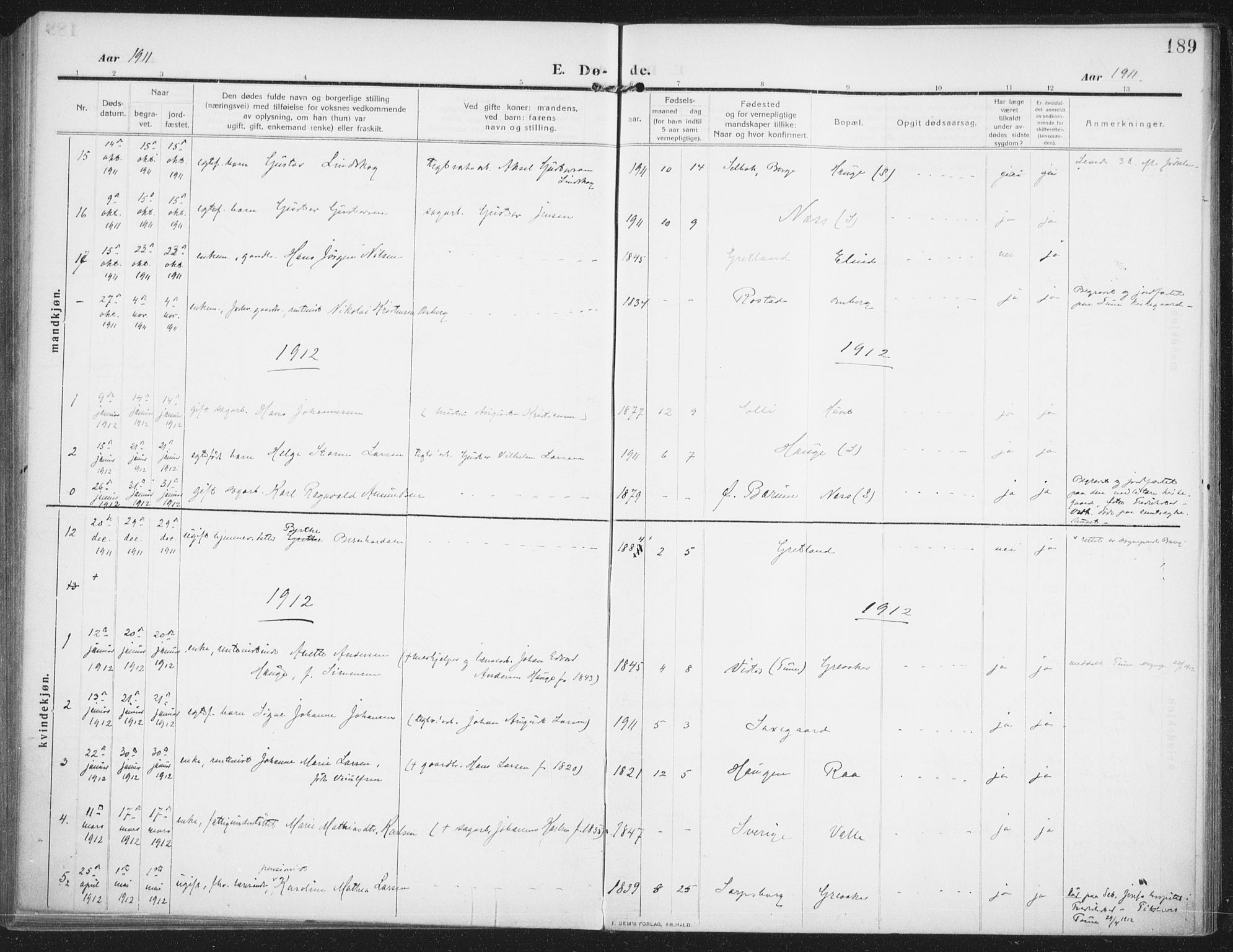 Rolvsøy prestekontor Kirkebøker, SAO/A-2004/F/Fa/L0002: Parish register (official) no. 2, 1909-1917, p. 189