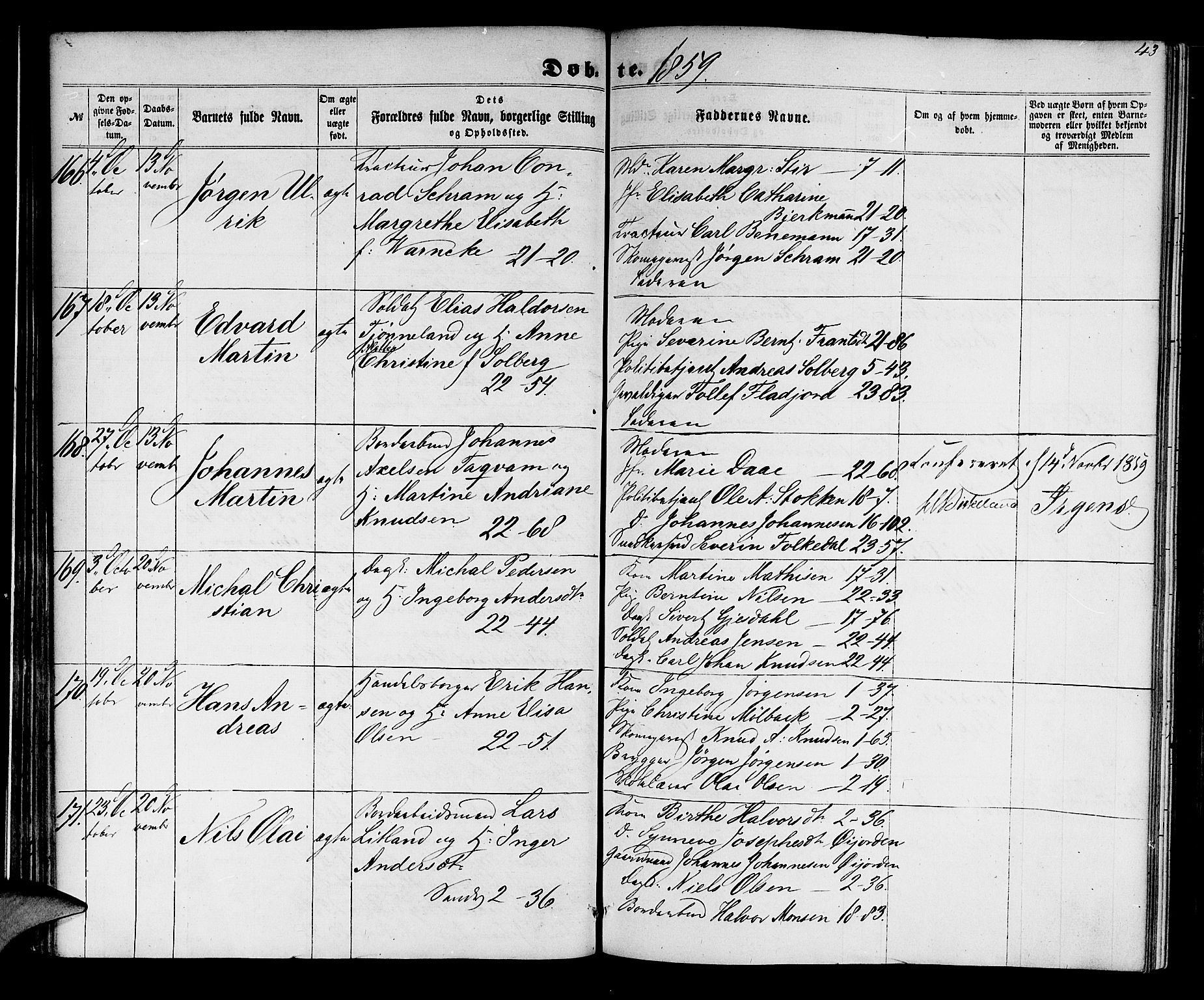 Korskirken sokneprestembete, SAB/A-76101/H/Hab: Parish register (copy) no. B 4, 1858-1863, p. 43