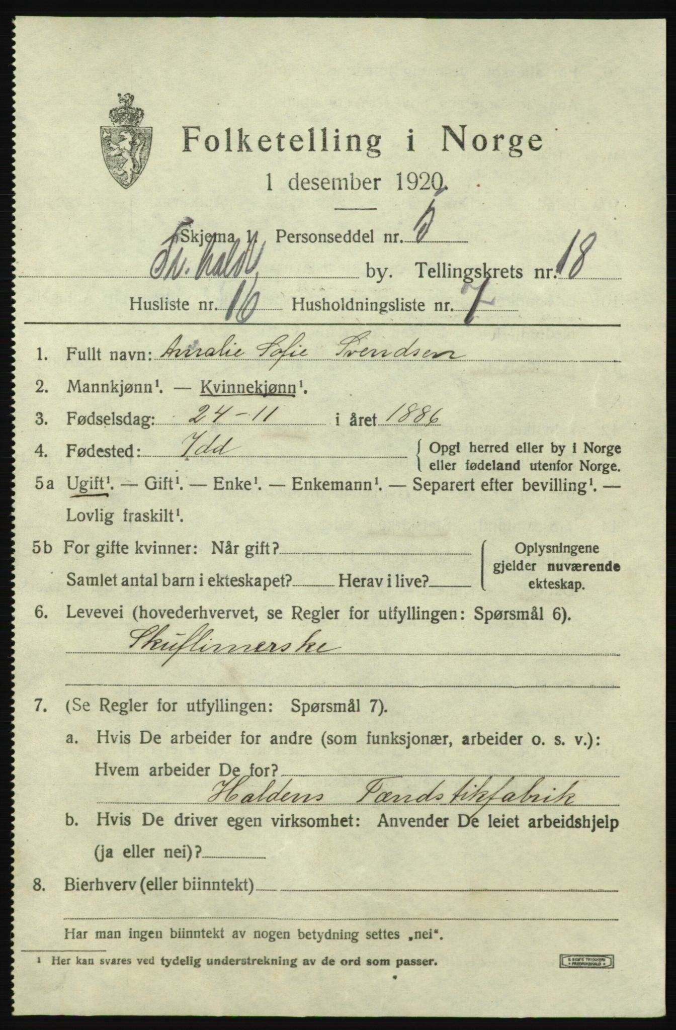 SAO, 1920 census for Fredrikshald, 1920, p. 27493