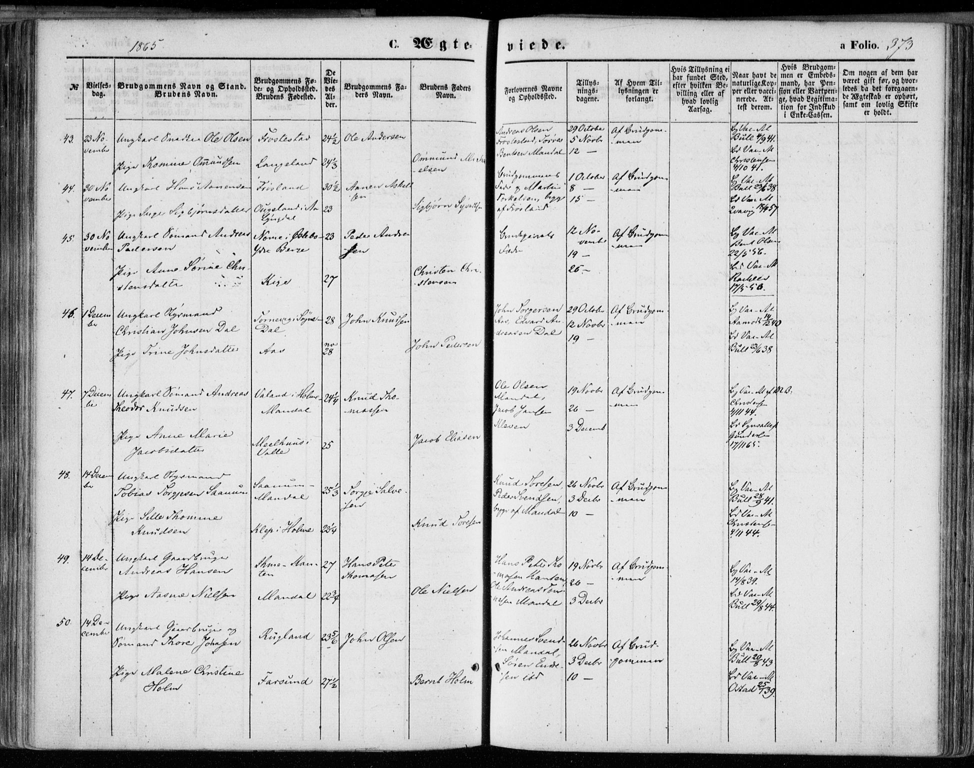 Mandal sokneprestkontor, AV/SAK-1111-0030/F/Fa/Faa/L0014: Parish register (official) no. A 14, 1859-1872, p. 373