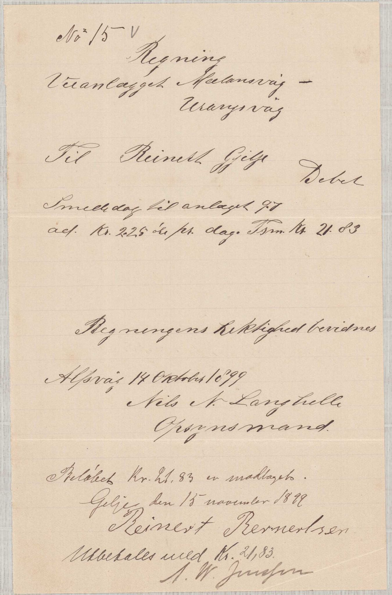 Finnaas kommune. Formannskapet, IKAH/1218a-021/E/Ea/L0002/0001: Rekneskap for veganlegg / Rekneskap for veganlegget Urangsvåg - Mælandsvåg, 1898-1900, p. 112