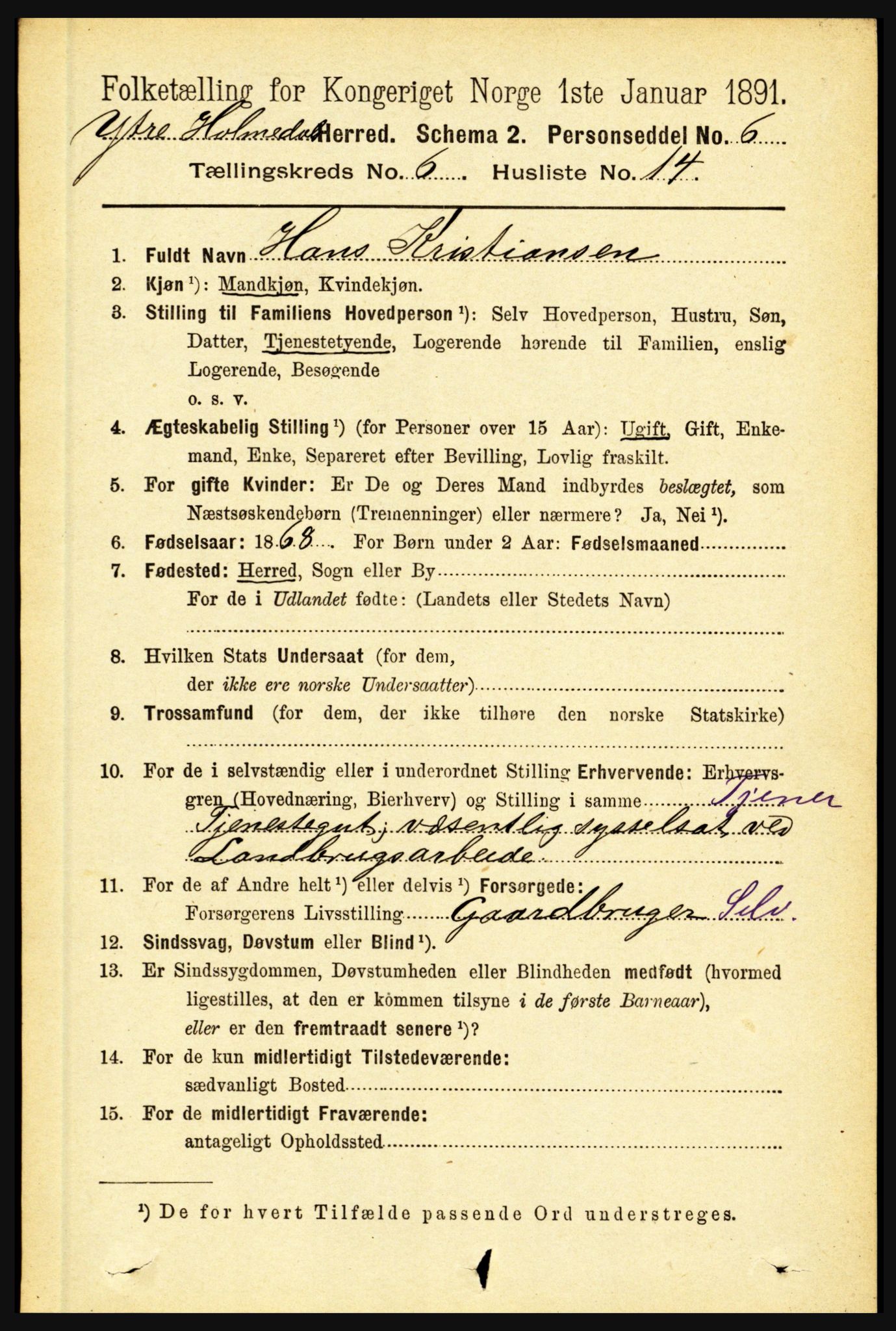 RA, 1891 census for 1429 Ytre Holmedal, 1891, p. 1394