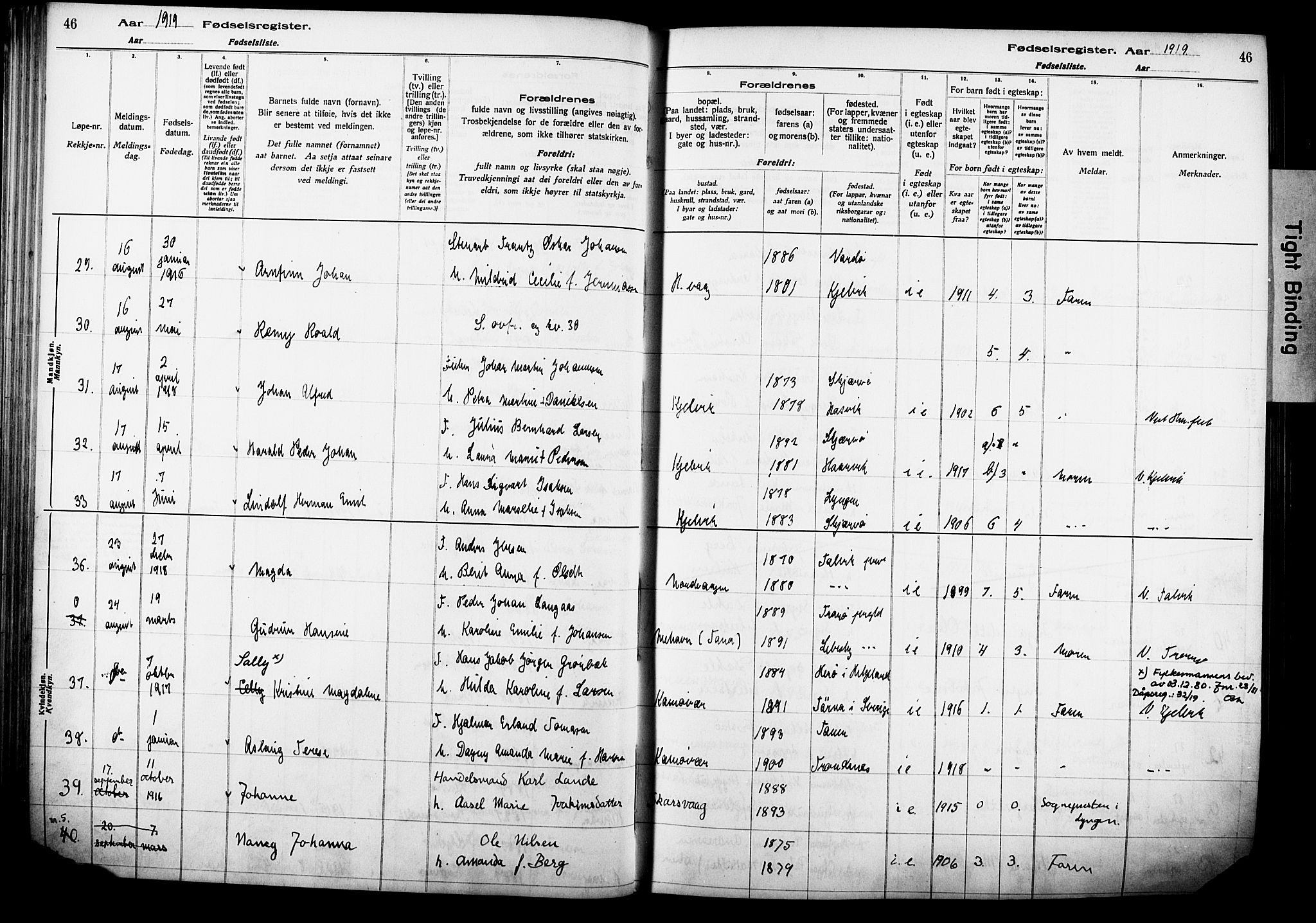 Kjelvik/Nordkapp sokneprestkontor, SATØ/S-1350/I/Ia/L0015: Birth register no. 15, 1916-1930, p. 46