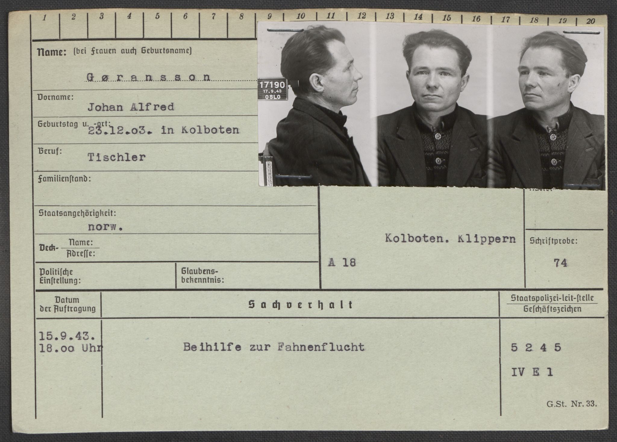 Befehlshaber der Sicherheitspolizei und des SD, RA/RAFA-5969/E/Ea/Eaa/L0003: Register over norske fanger i Møllergata 19: Eng-Hag, 1940-1945, p. 1350