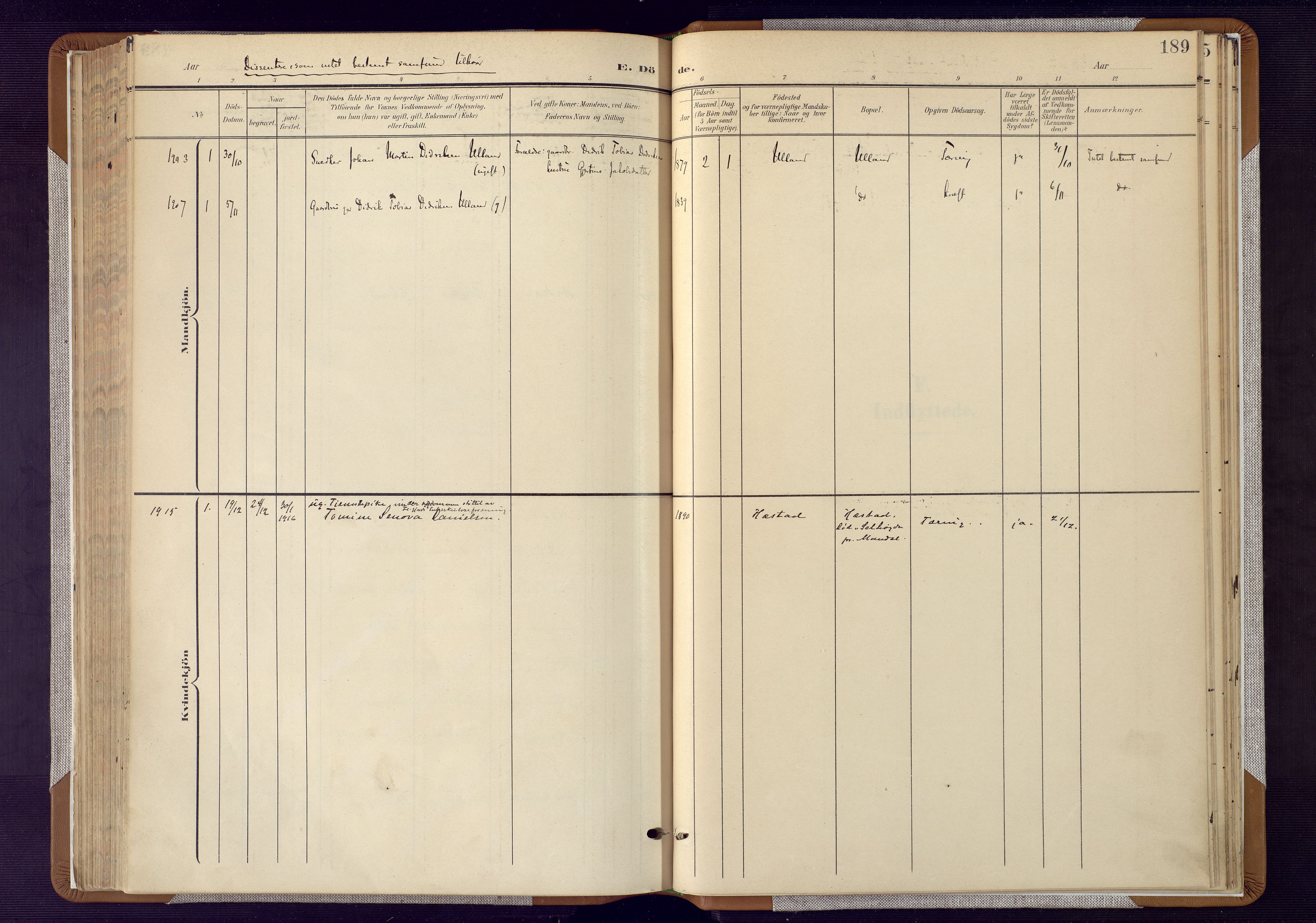 Flekkefjord sokneprestkontor, SAK/1111-0012/F/Fa/Fab/L0007: Parish register (official) no. A 7, 1902-1921, p. 189