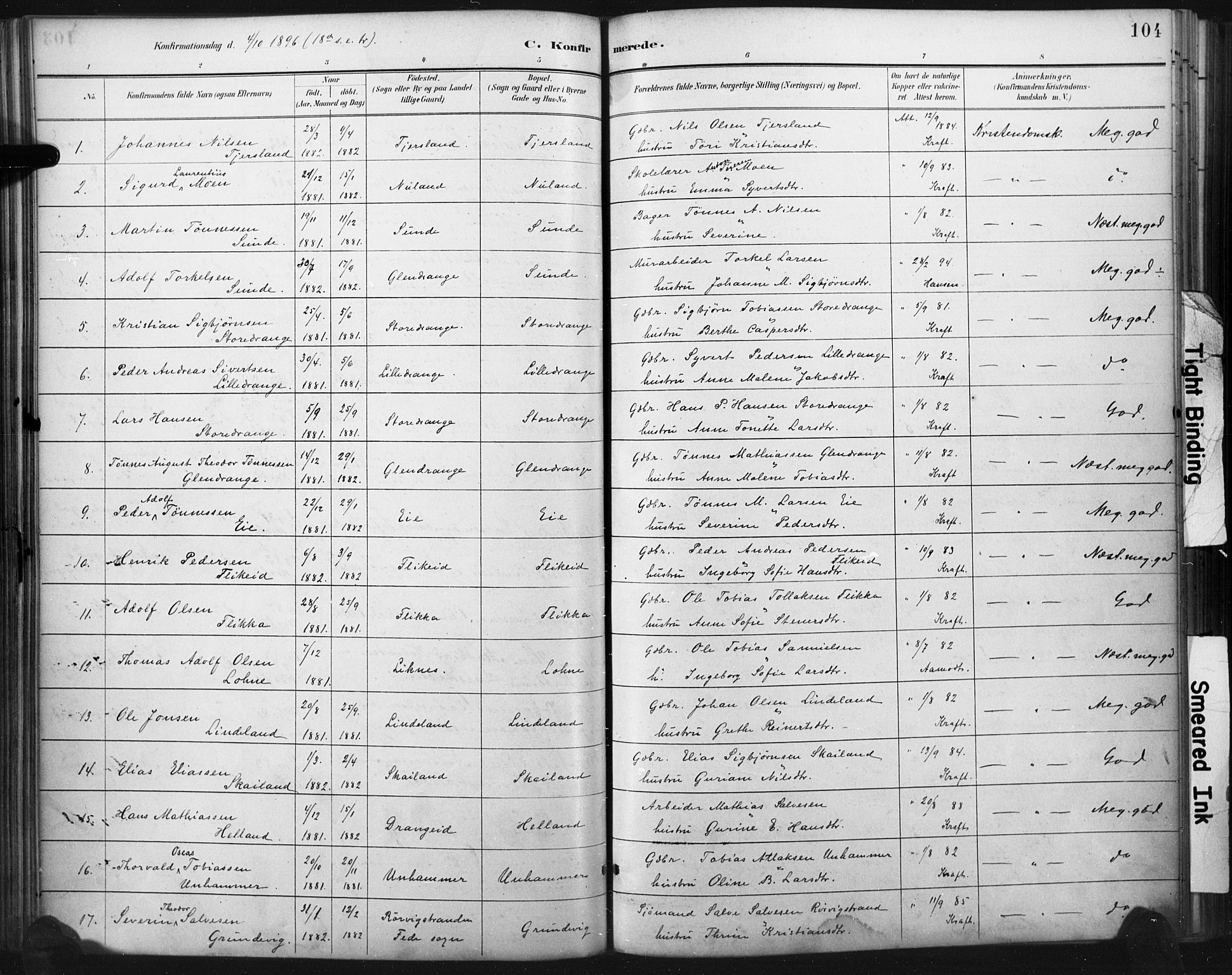 Flekkefjord sokneprestkontor, SAK/1111-0012/F/Fa/Fac/L0008: Parish register (official) no. A 8, 1885-1898, p. 104