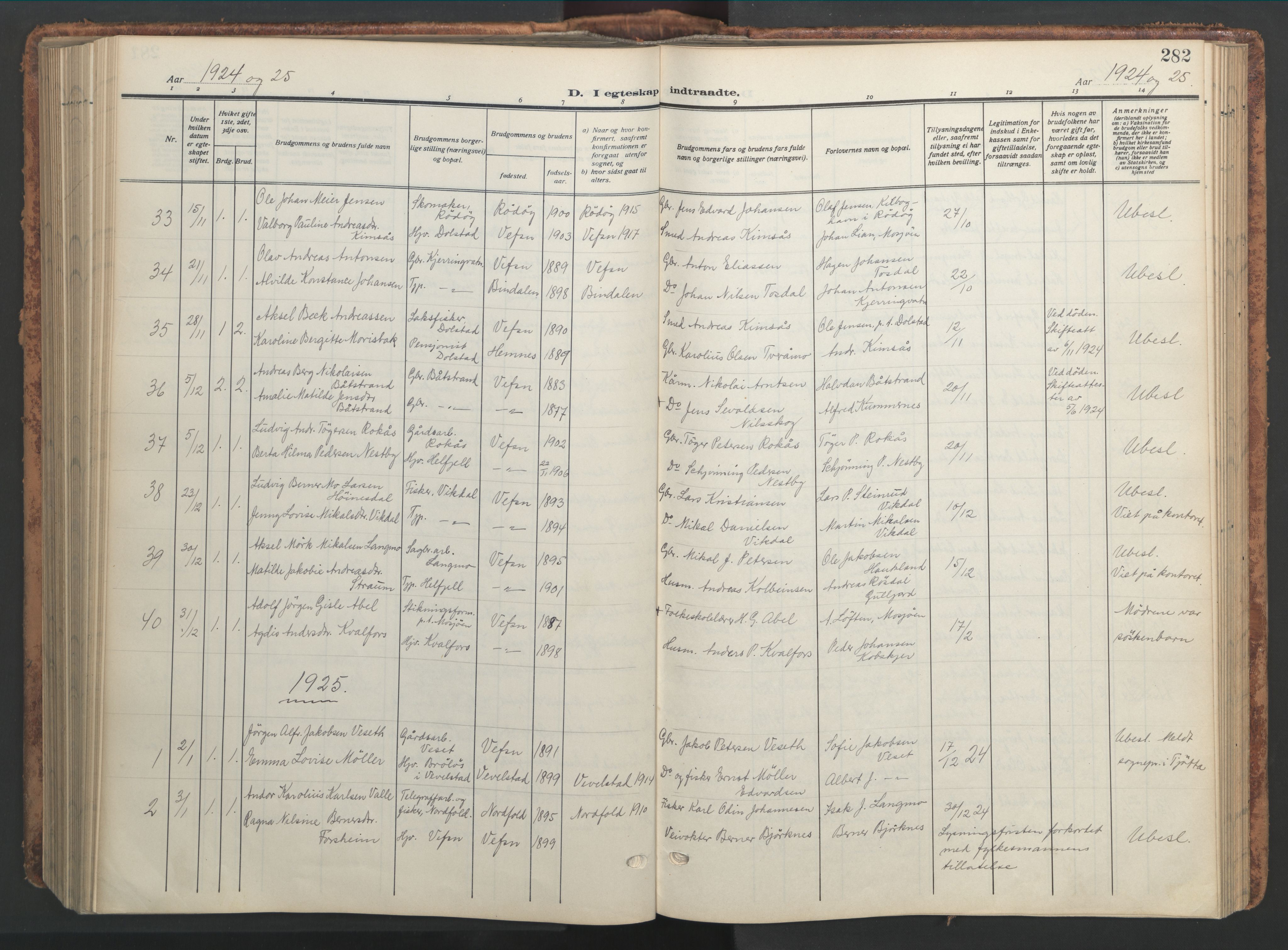 Ministerialprotokoller, klokkerbøker og fødselsregistre - Nordland, AV/SAT-A-1459/820/L0302: Parish register (copy) no. 820C04, 1917-1948, p. 282