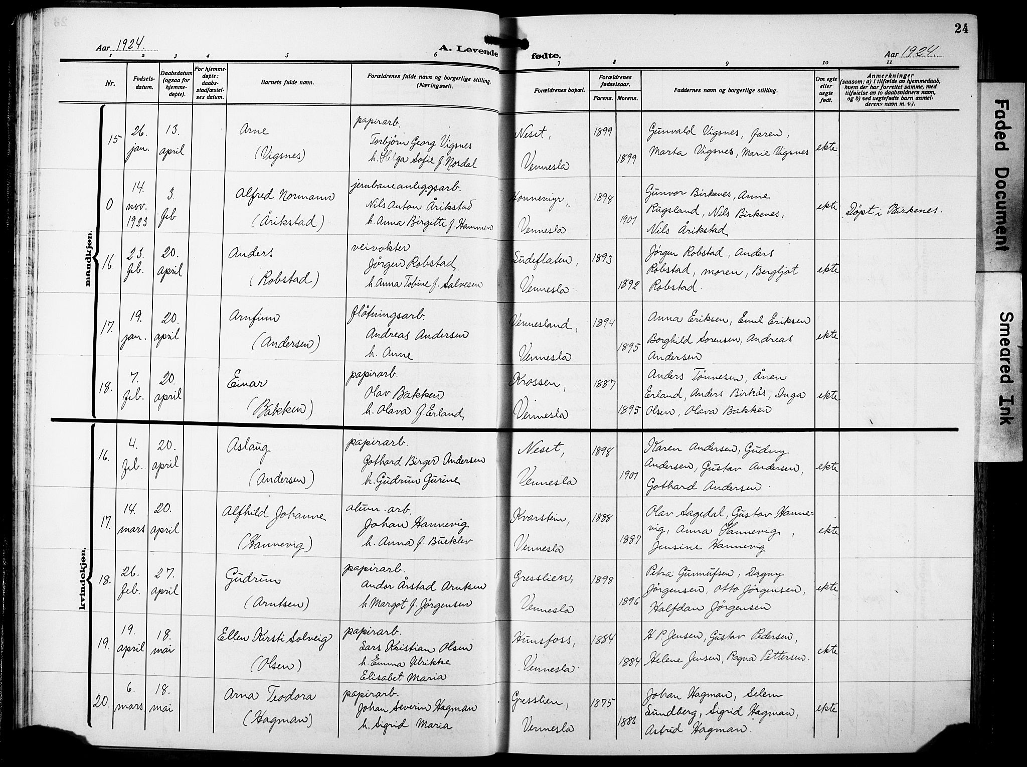 Vennesla sokneprestkontor, AV/SAK-1111-0045/Fb/Fbb/L0007: Parish register (copy) no. B 7, 1922-1933, p. 24