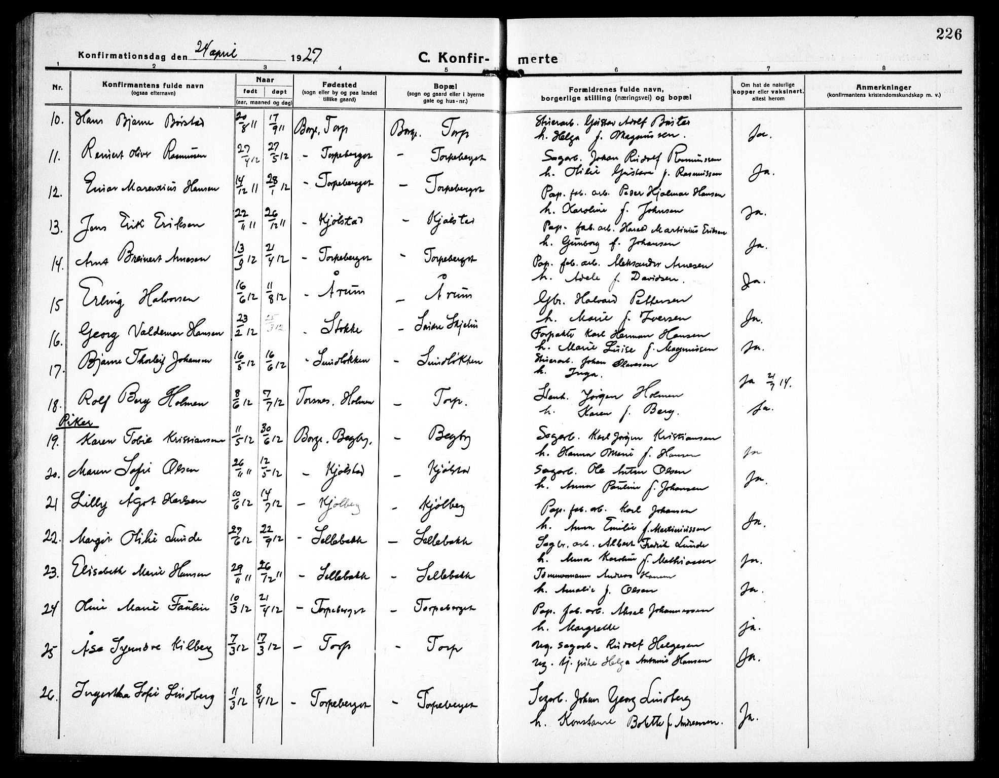 Borge prestekontor Kirkebøker, SAO/A-10903/G/Ga/L0003: Parish register (copy) no. I 3, 1918-1939, p. 226