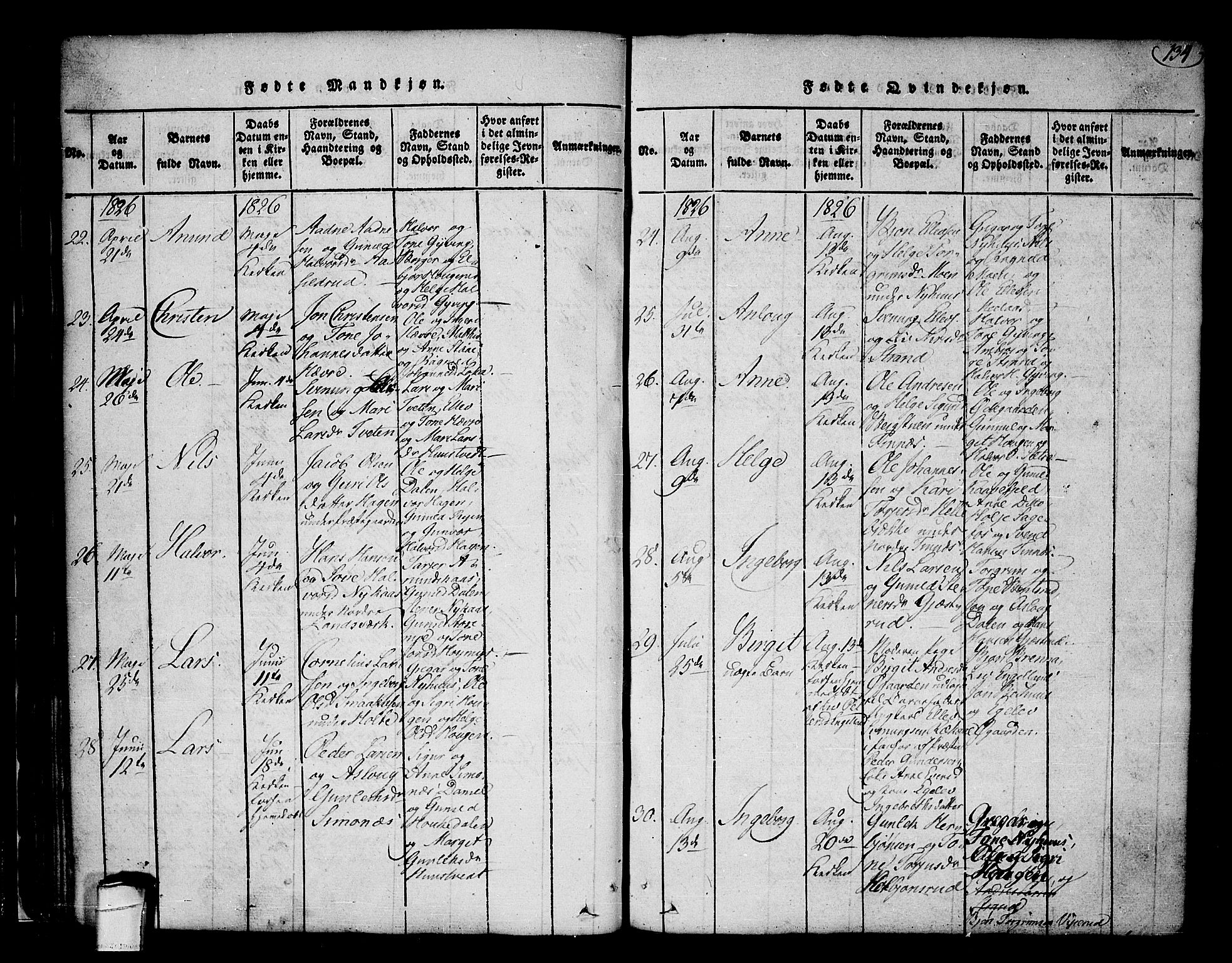 Heddal kirkebøker, AV/SAKO-A-268/F/Fa/L0005: Parish register (official) no. I 5, 1814-1837, p. 133-134