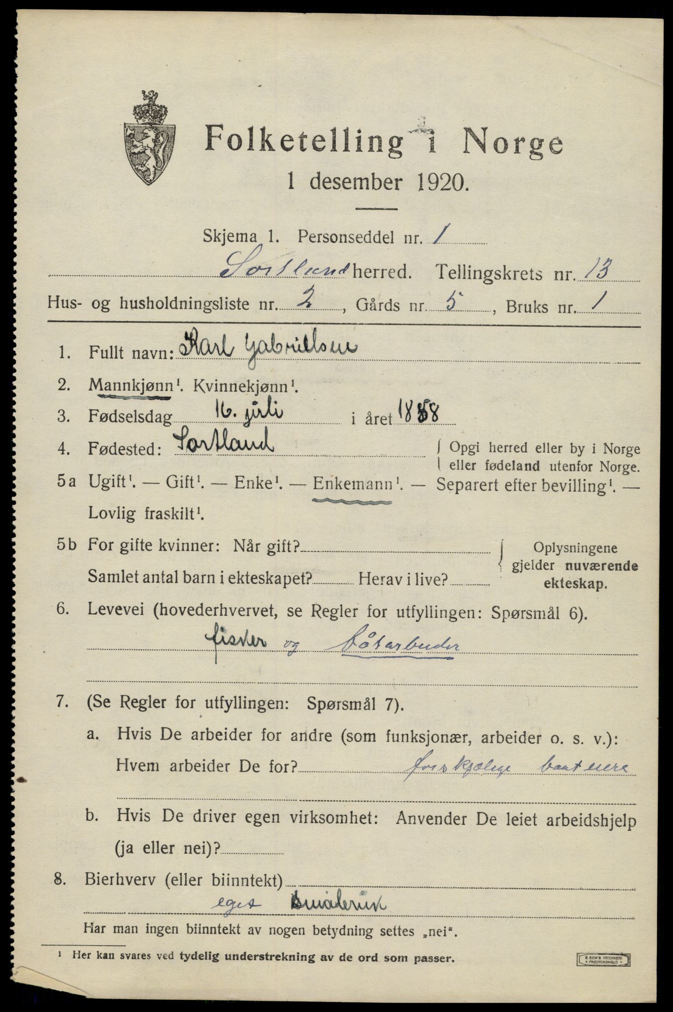 SAT, 1920 census for Sortland, 1920, p. 10418