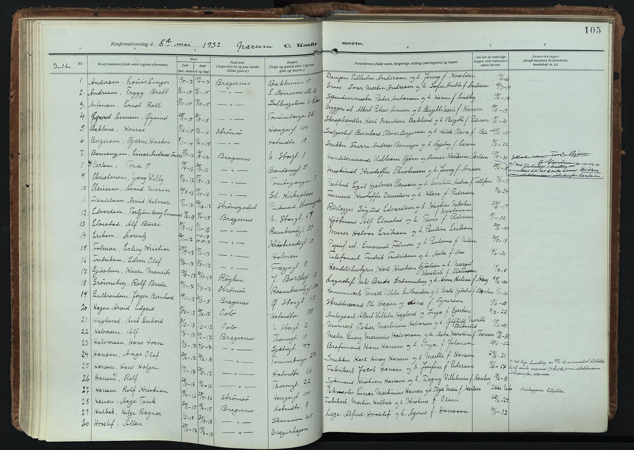 Bragernes kirkebøker, AV/SAKO-A-6/F/Fc/L0009: Parish register (official) no. III 9, 1921-1939, p. 105