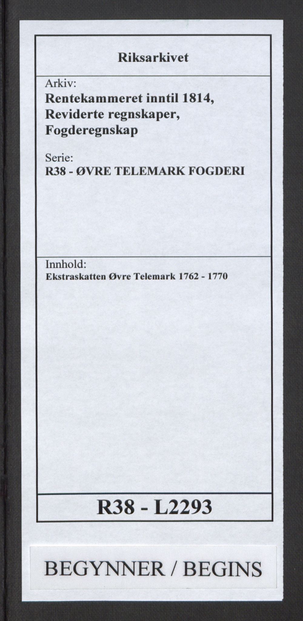 Rentekammeret inntil 1814, Reviderte regnskaper, Fogderegnskap, RA/EA-4092/R38/L2293: Ekstraskatten Øvre Telemark, 1762-1770, p. 1