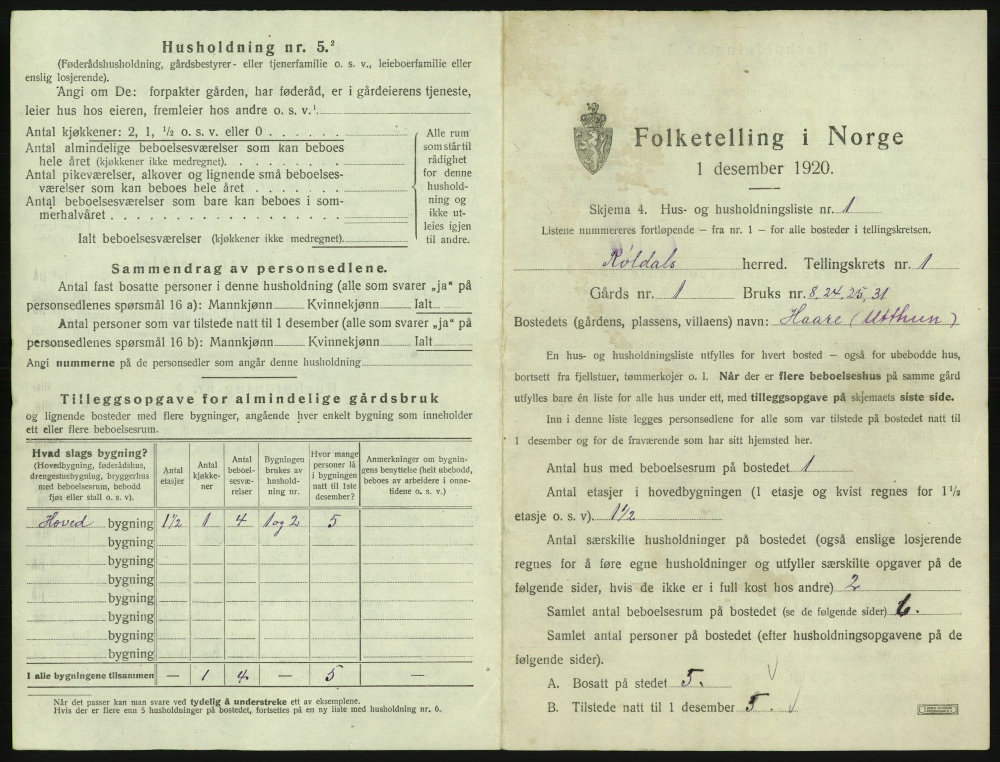 SAB, 1920 census for Røldal, 1920, p. 15