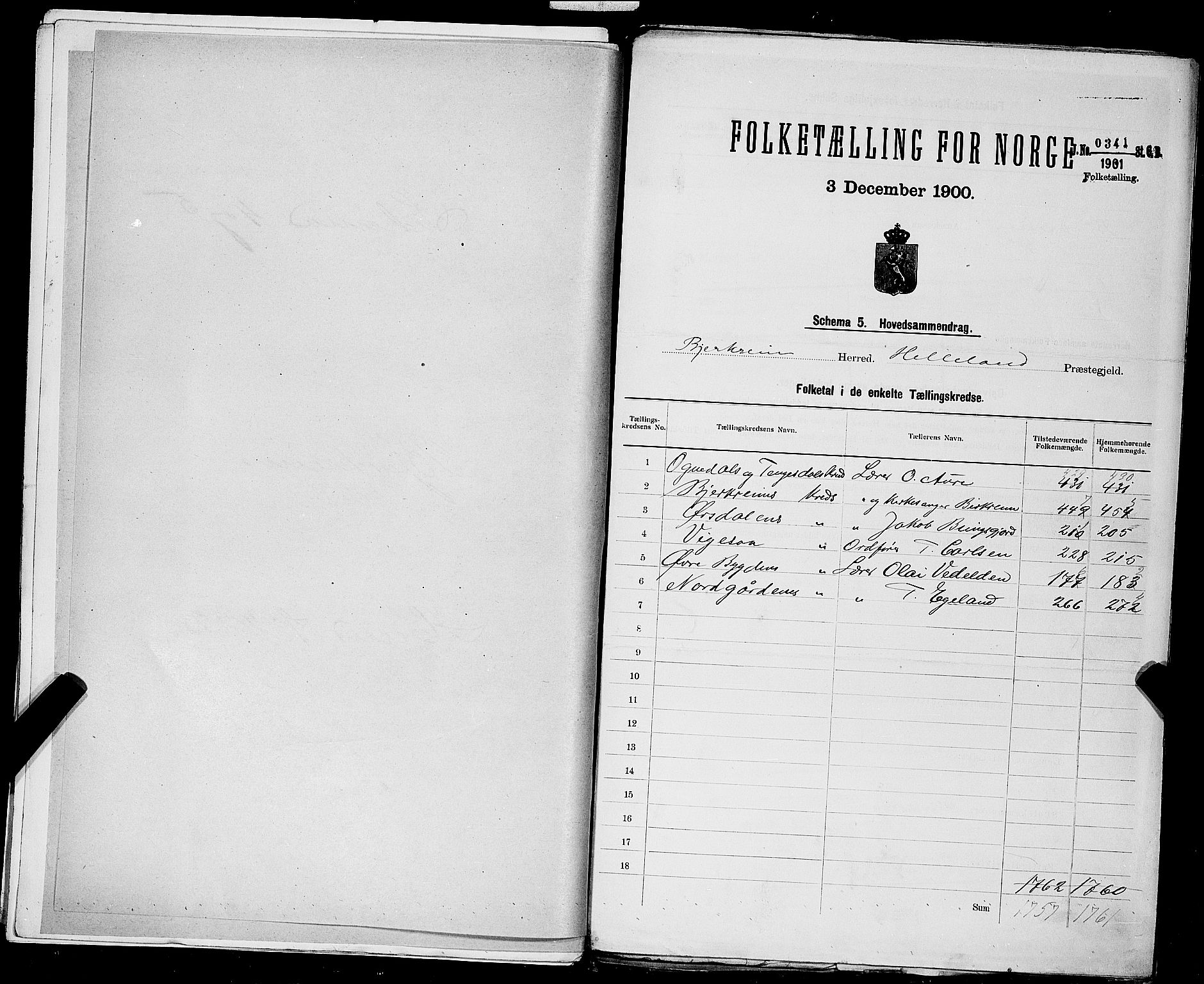 SAST, 1900 census for Bjerkreim, 1900, p. 2