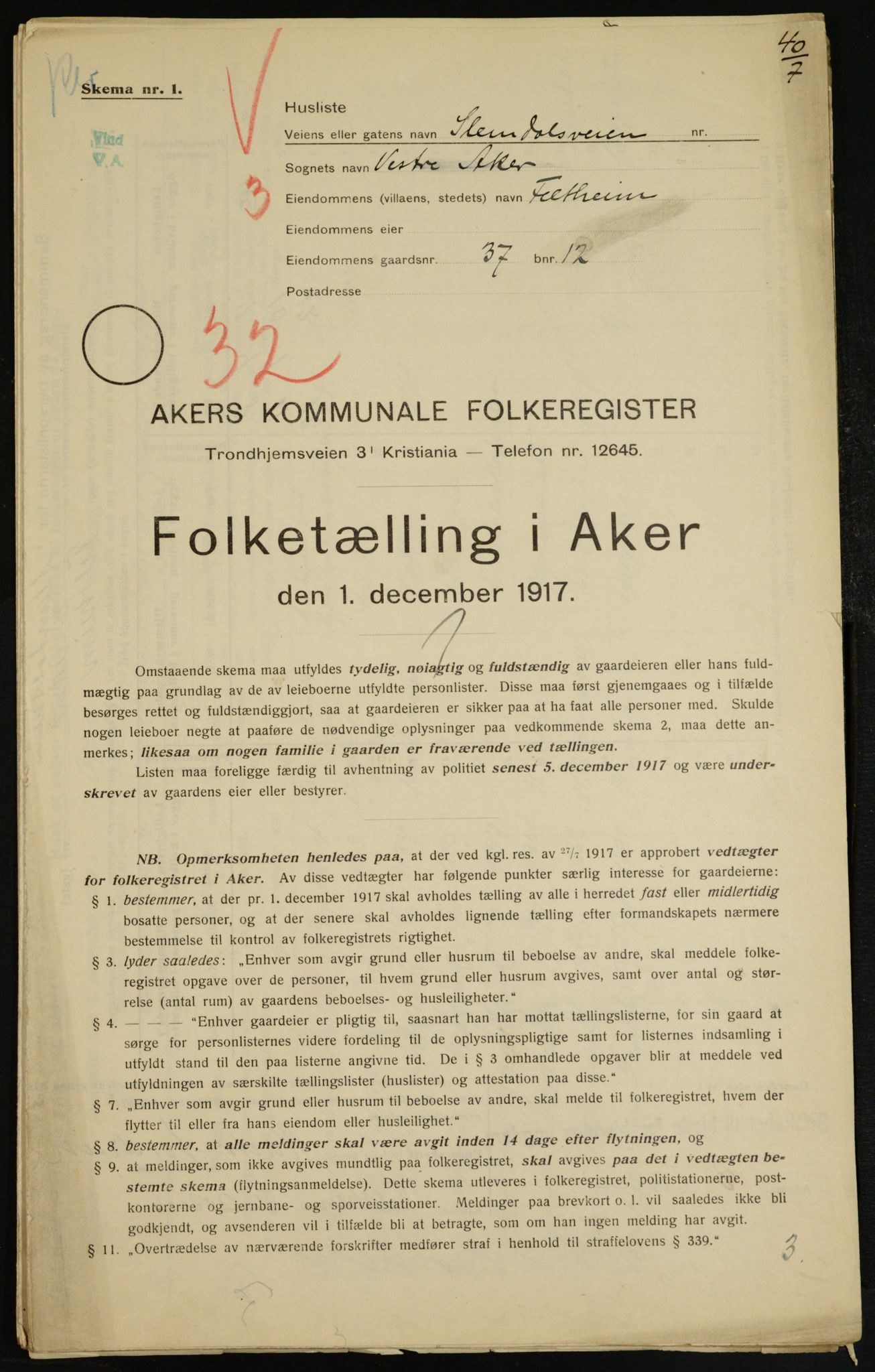 OBA, Municipal Census 1917 for Aker, 1917, p. 9591