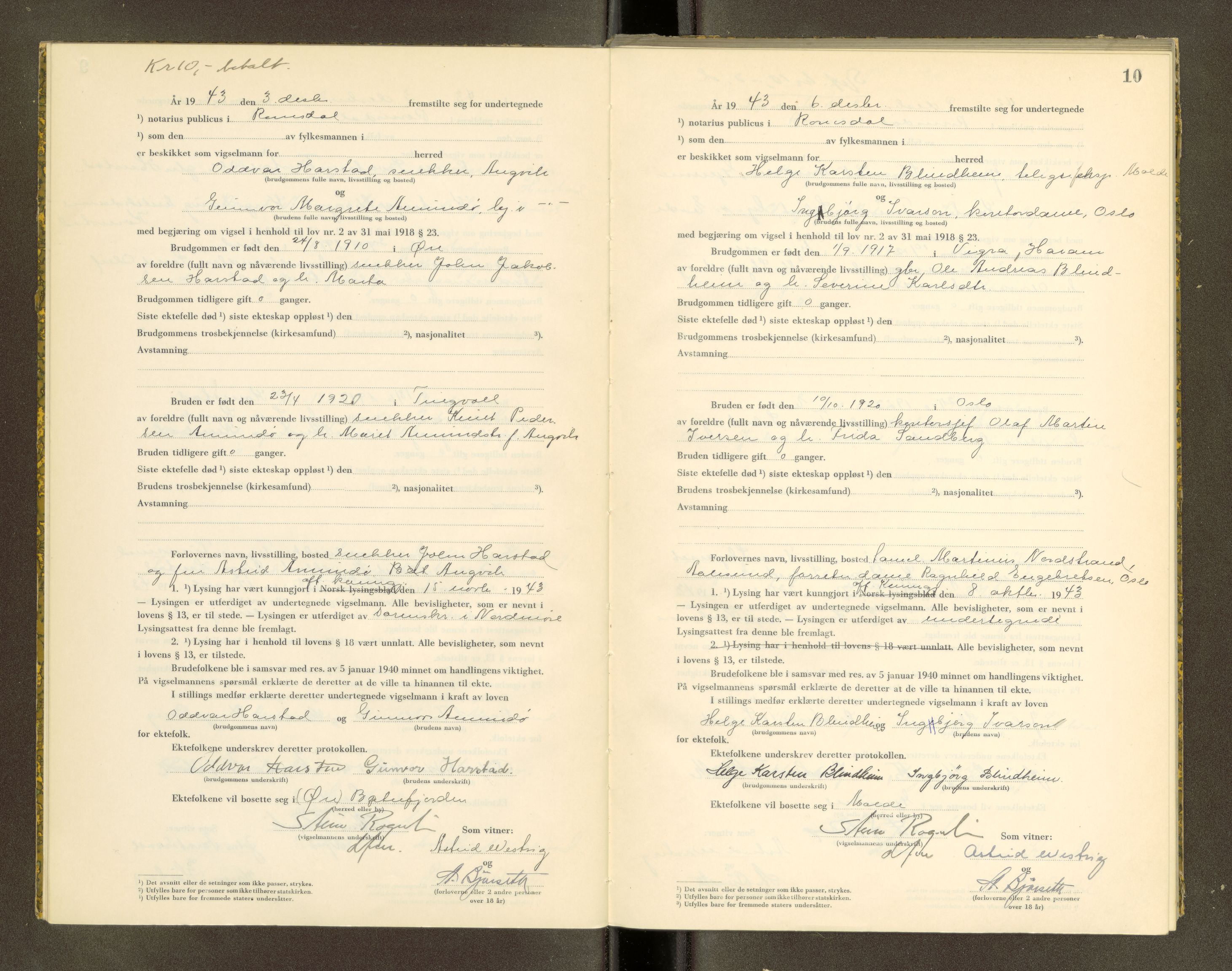 Romsdal sorenskriveri, AV/SAT-A-4149/1/6/6D/L0007: Vigselbok, 1943-1944, p. 10