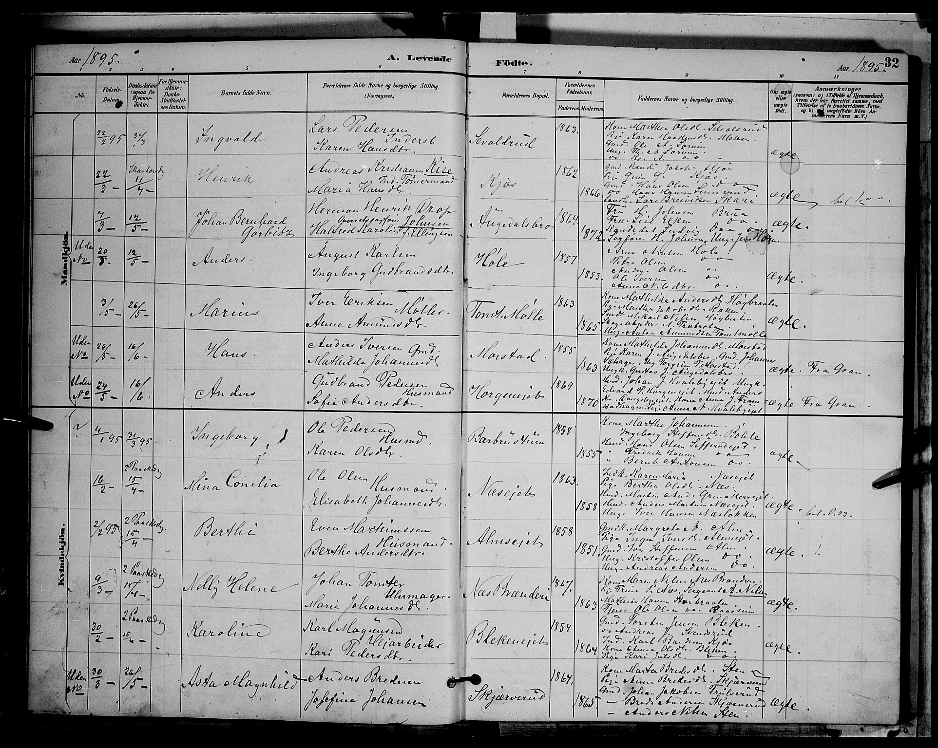 Gran prestekontor, SAH/PREST-112/H/Ha/Hab/L0004: Parish register (copy) no. 4, 1890-1899, p. 32