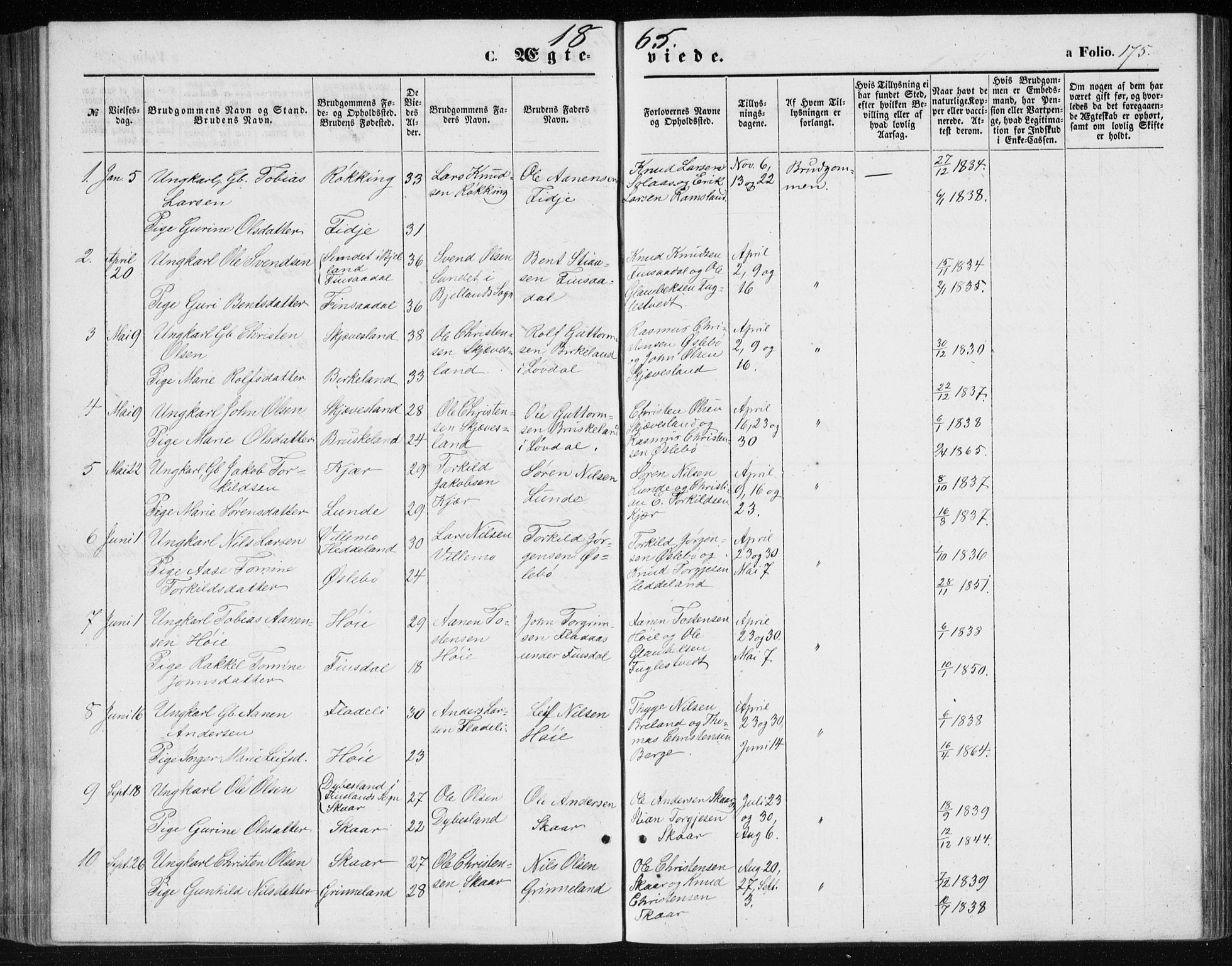 Holum sokneprestkontor, SAK/1111-0022/F/Fb/Fbc/L0002: Parish register (copy) no. B 2, 1860-1882, p. 175